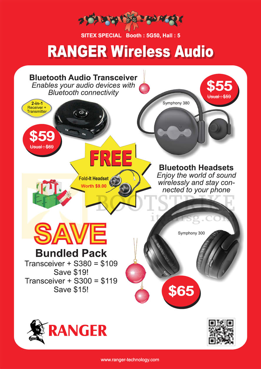 SITEX 2012 price list image brochure of Systems Tech Ranger Wireless Audio, Bluetooth Transceiver, Headsets Symphony 300, 380