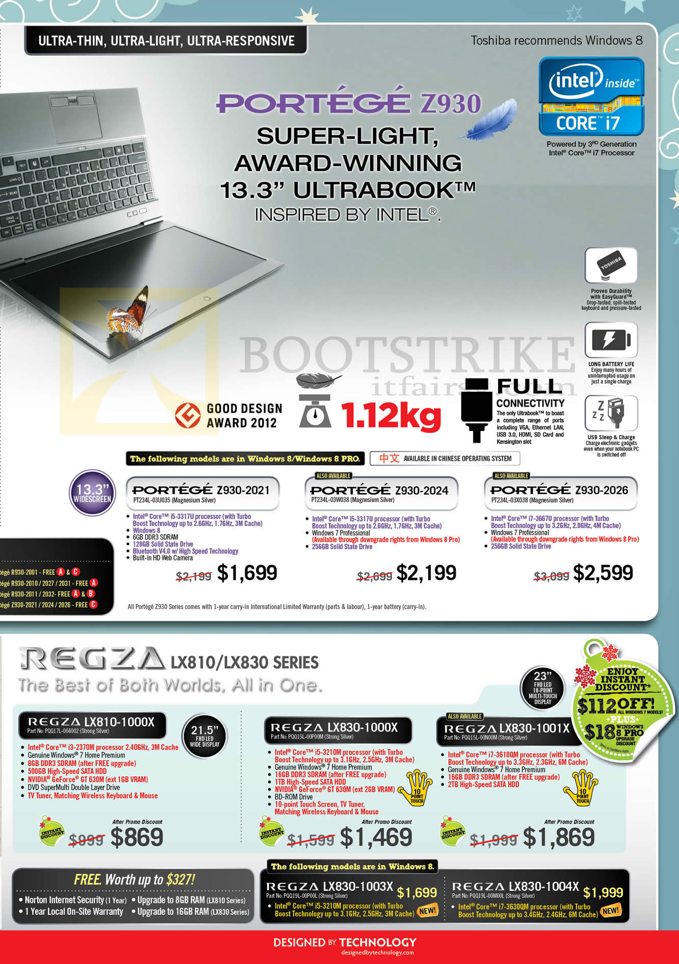 SITEX 2012 price list image brochure of Toshiba Notebooks Portege Z930-2021, Z930-2024, Z930-2026, Regza AIO Desktop PC LX810-1000X, LX830-1000X