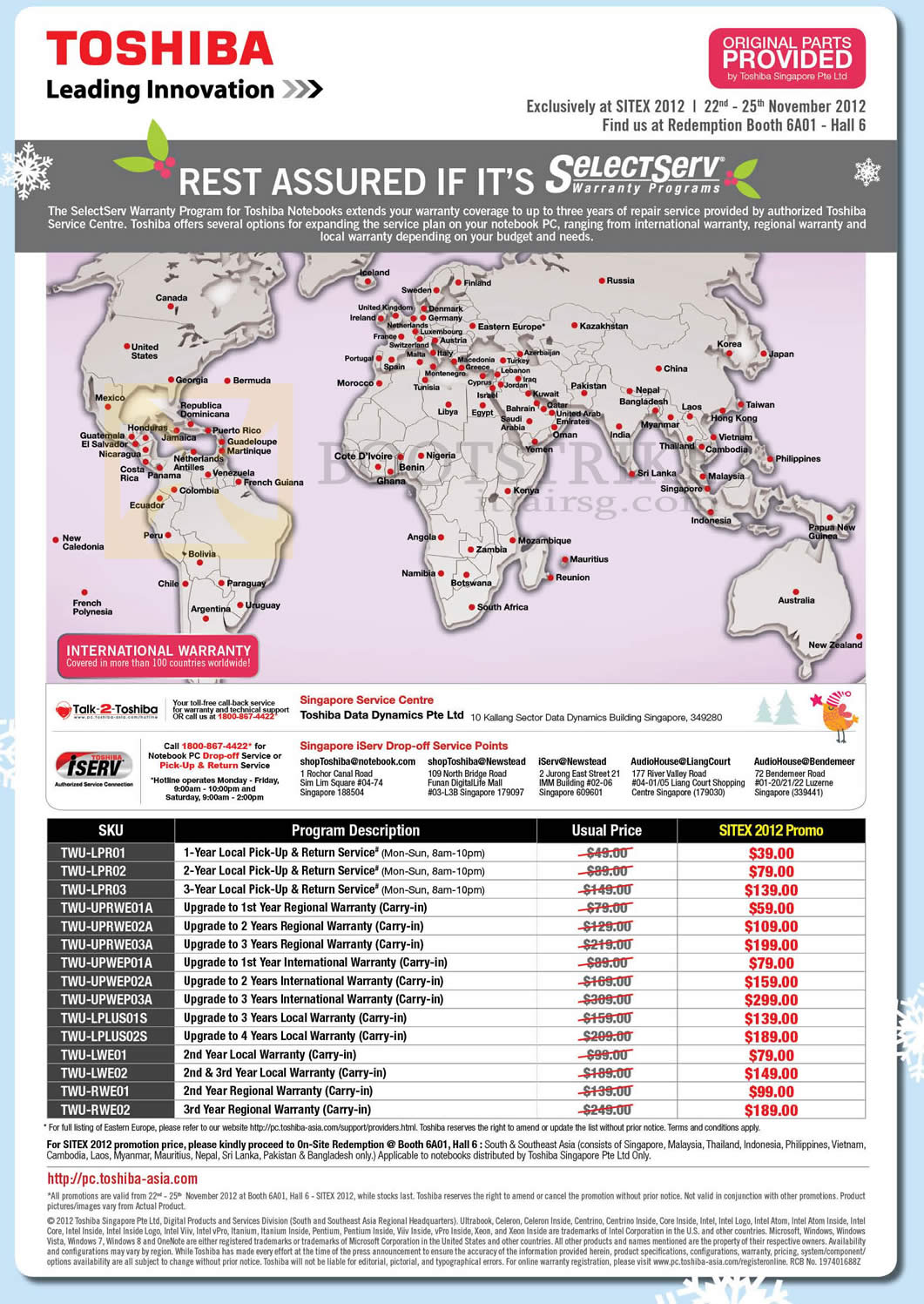 SITEX 2012 price list image brochure of Toshiba SelectServ Warranty Program, Upgrades