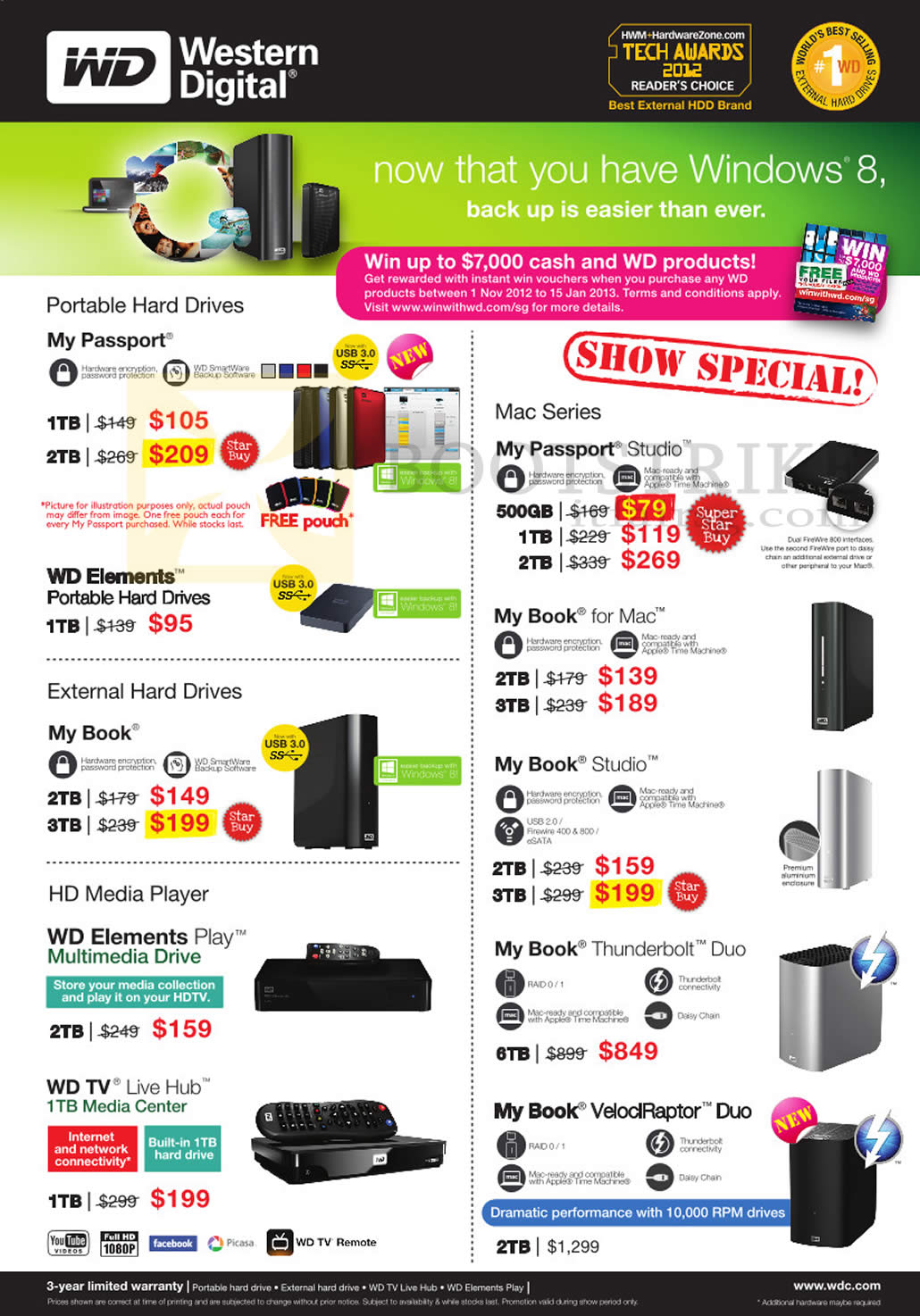 SITEX 2012 price list image brochure of Western Digital External Storage My Passport, Studio, Elements, For Mac, Book, Media Player Play, Live Hub, VelociRaptor Duo, Thunderbolt