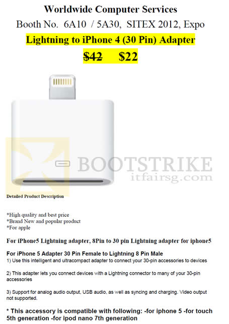 SITEX 2012 price list image brochure of Worldwide Computer Accessories Lightning To IPhone 4 Adapter