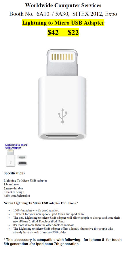 SITEX 2012 price list image brochure of Worldwide Computer Accessories IPhone Lightning To Micro USB Adapter