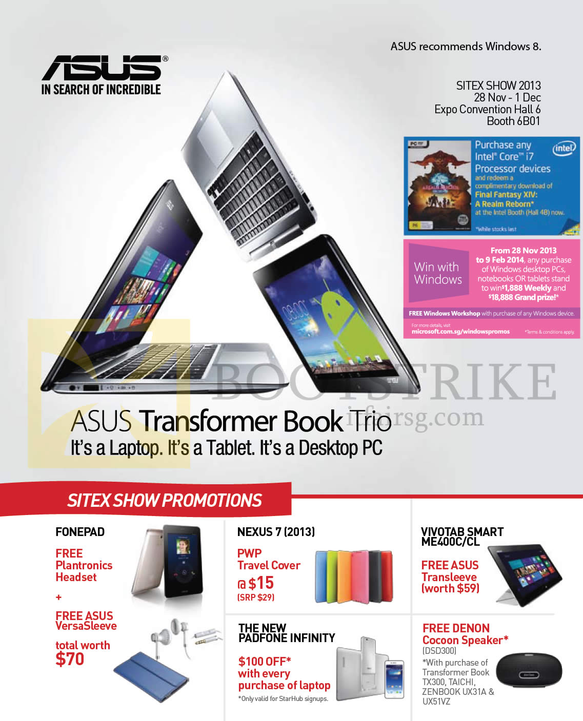 SITEX 2013 price list image brochure of ASUS Notebooks Cover Page Transformer Book Trio, Promotions, Fonepad, Nexus 7, Vivotab Smart ME400C-CL