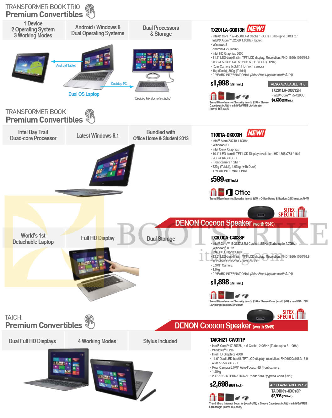 SITEX 2013 price list image brochure of ASUS Notebooks Transformer Trio TX201LA-CQO13H, Book T100TA-DK003H, TX300Ca-C4033P, Taichi TAICHI21-CW011P