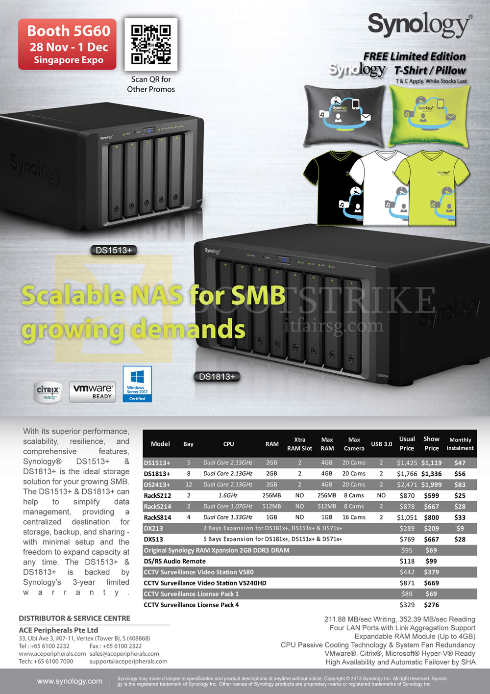 SITEX 2013 price list image brochure of Ace Peripherals Synology NAS DS1513 DS1813 DS2413 RS214 RS814 DX213 VS80 VS240HD DX513 CCTV License