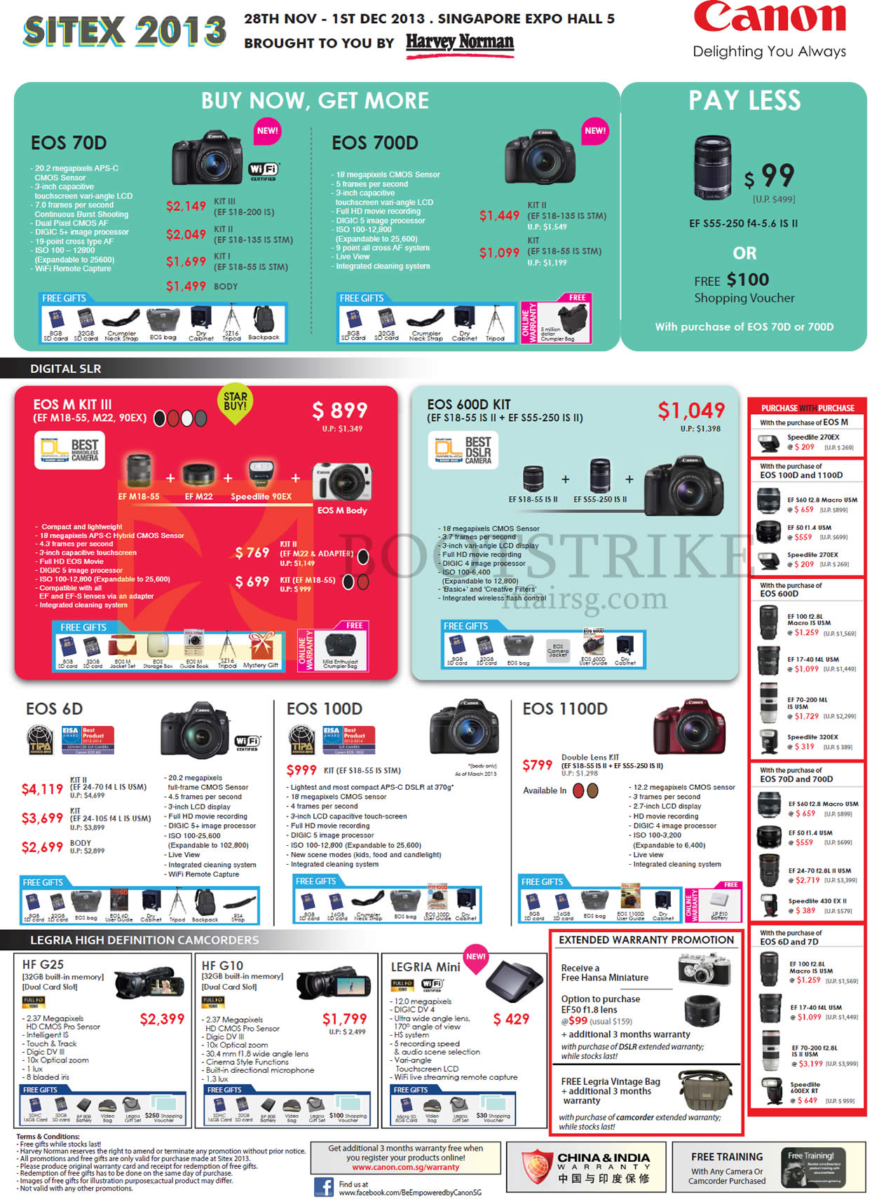 SITEX 2013 price list image brochure of Canon Digital Cameras DSLR EOS 70D 700D M 600D 6D 100D 1100D, Legria Camcorders HF G25 G10 Mini