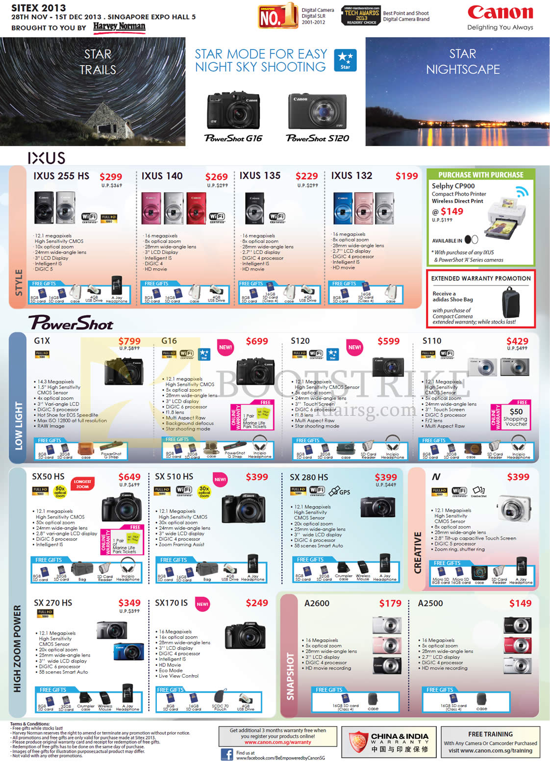 SITEX 2013 price list image brochure of Canon Digital Cameras Ixus 255 Hs 140 135 132, PowerShot G1X G16 S120 S110, SX50 SX510 SX270 SX170 SX280 N A2600 A2500