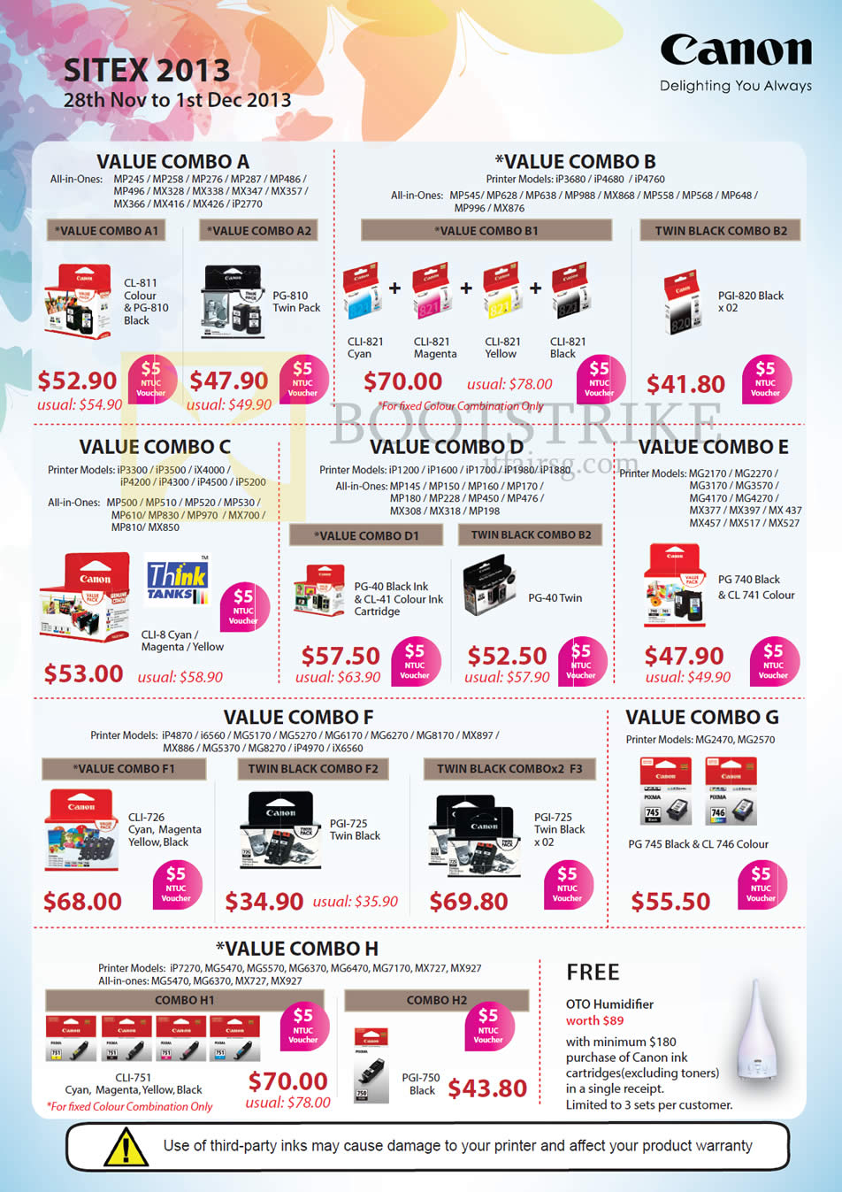 SITEX 2013 price list image brochure of Canon Printers Inkjet Ink Cartridges, Value Combos