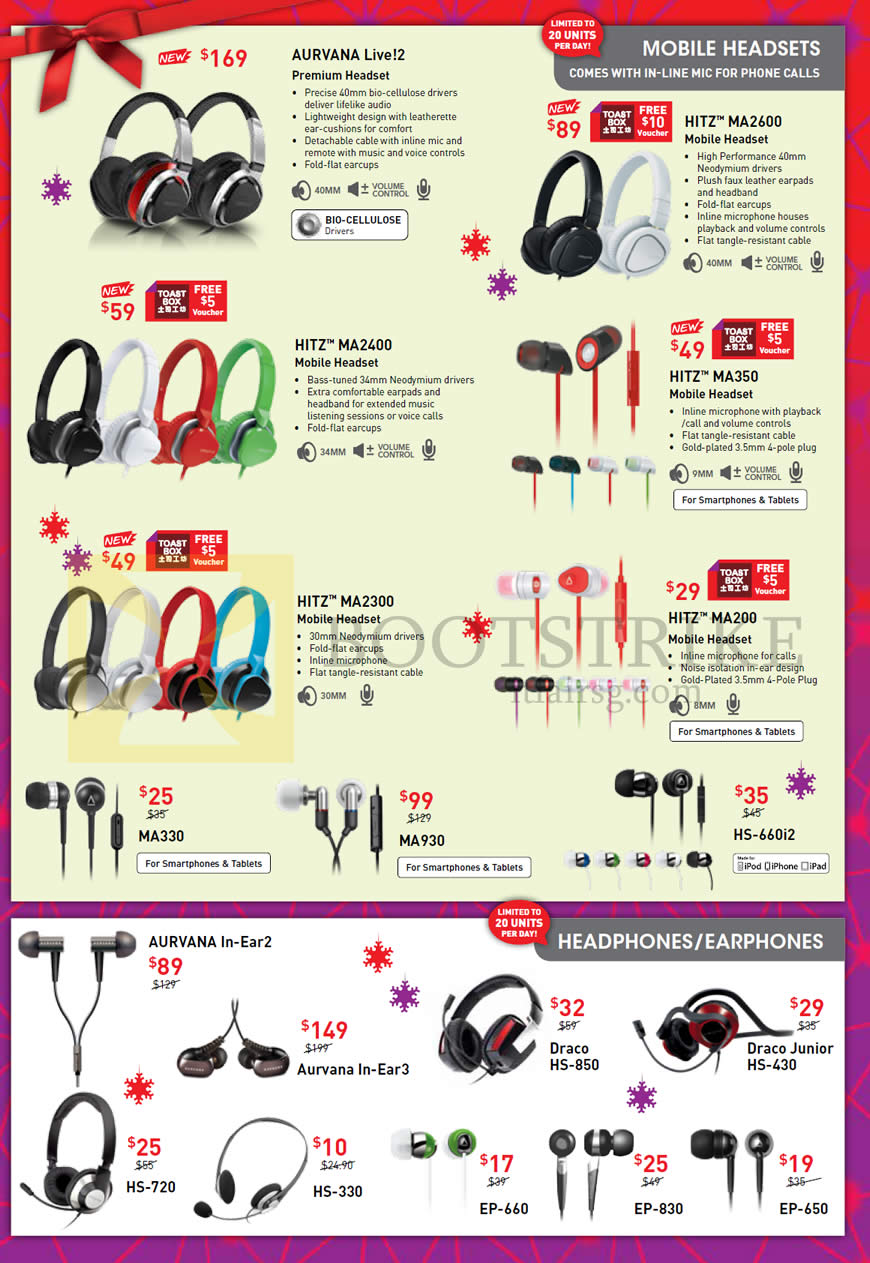 SITEX 2013 price list image brochure of Creative Mobile Headsets Aurvana Live 2, Hitz MA2600 MA2400 MA350 MA2300 MA200 Earphones, MA330 MA930 HS-660i2, Draco