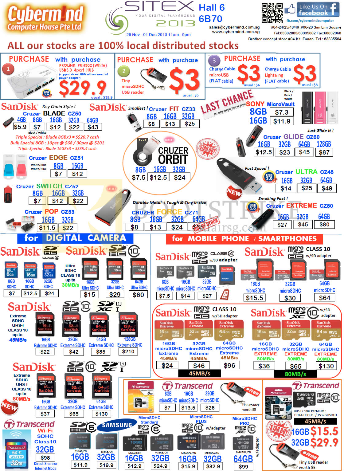 SITEX 2013 price list image brochure of Cybermind USB Flash Drives, Memory Cards, Sandisk Cruzer Blade Fit Edge Switch Pop Force Orbit Glide Ultra Extreme, Sony, MicroSD SDHC SDXC, Transcend Pro