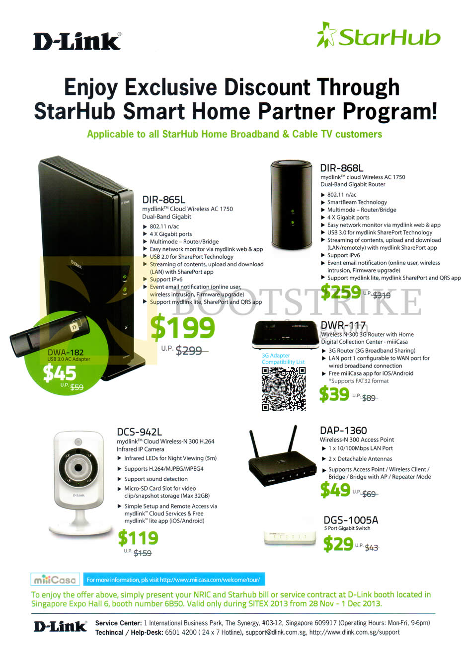 SITEX 2013 price list image brochure of D-Link Starhub Partner Networking Routers DIR-865L, DIR-868L, IPCam DCS-942L, DWR-117, DAP-1360, DGS-1005A