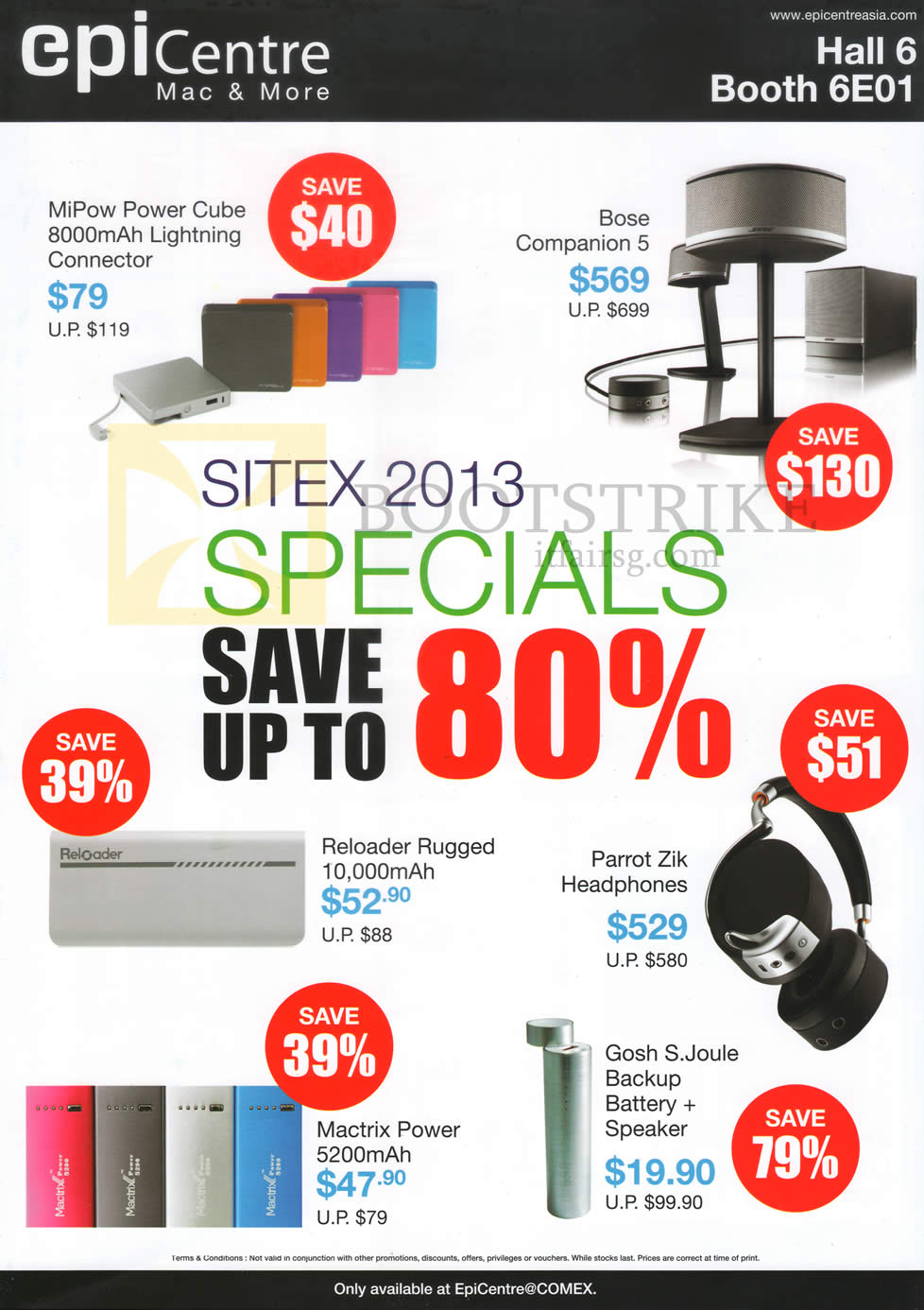 SITEX 2013 price list image brochure of Epicentre Accessories Mi Pow, Bose Companion 5, Parrot, Battery Chargers, Headphone