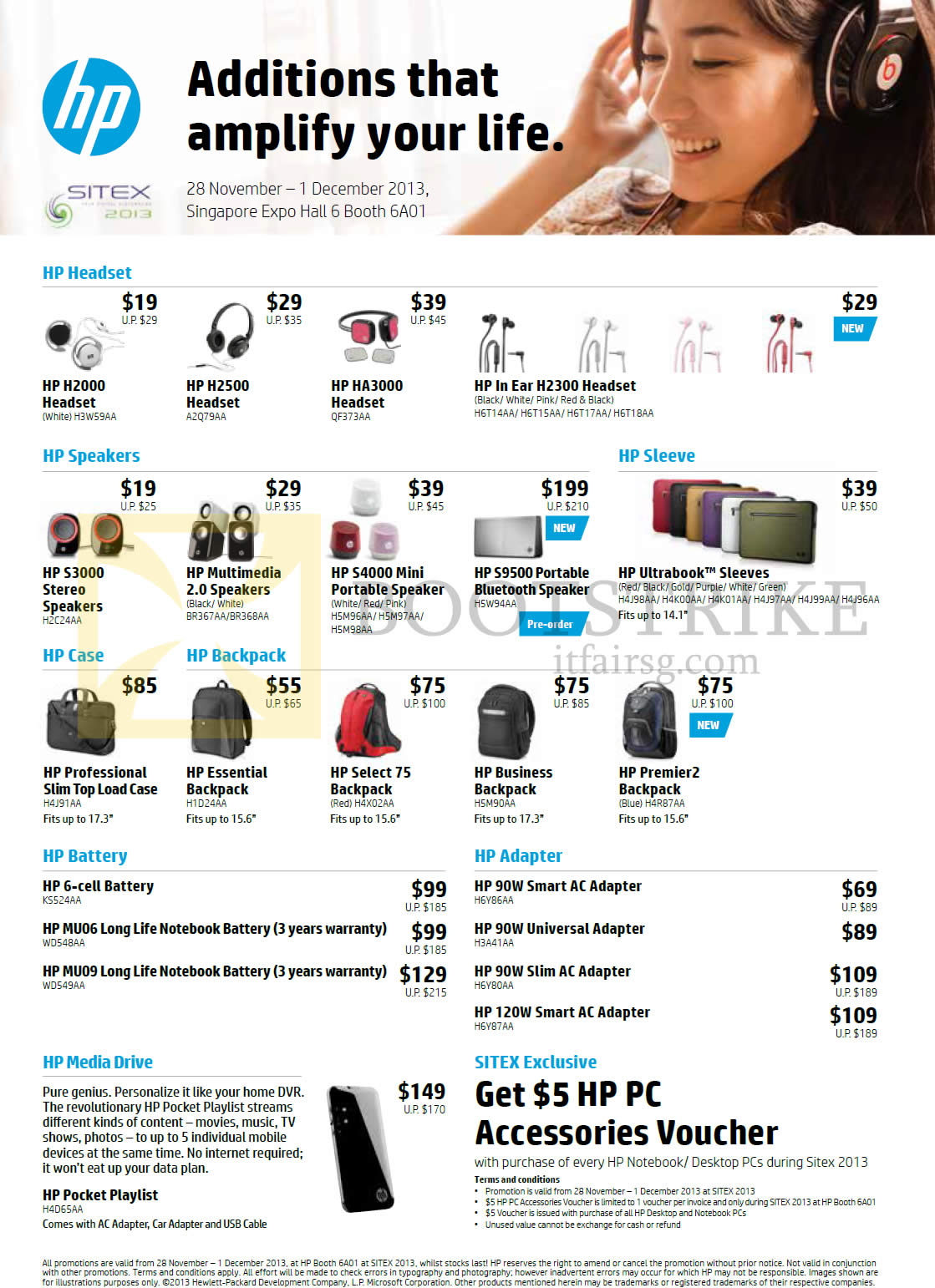 SITEX 2013 price list image brochure of HP Accessories Headphones, Speakers, Case, Backpacks, Batteries, Adapters, H2000, H2500, H2300, S3000, S4000, S9500