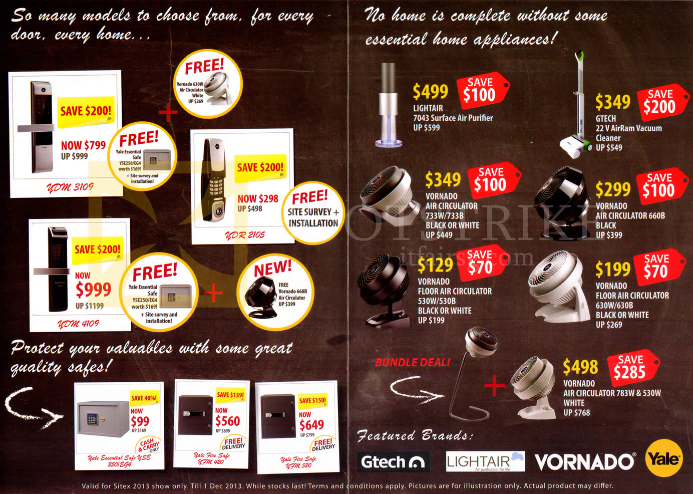 SITEX 2013 price list image brochure of Home Fix Accessories Safes, Door Security, LightAir Air Purifier, Gtech AirRam Vaccum Cleaner, Vornado Air Circulators