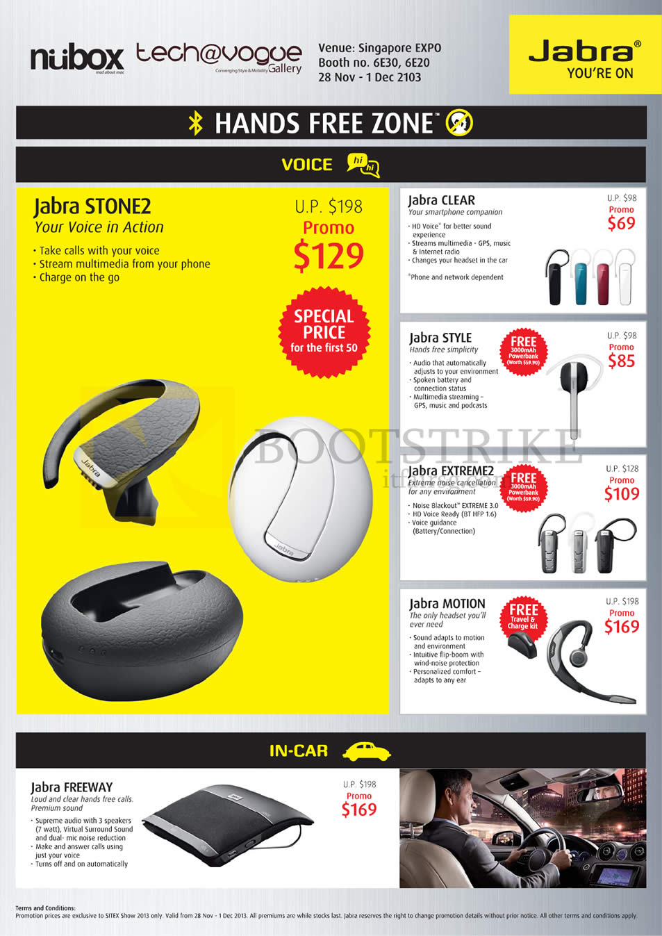 SITEX 2013 price list image brochure of Jabra Bluetooth Headsets Stone2, Clear, Style, Extreme2, Motion, Freeway