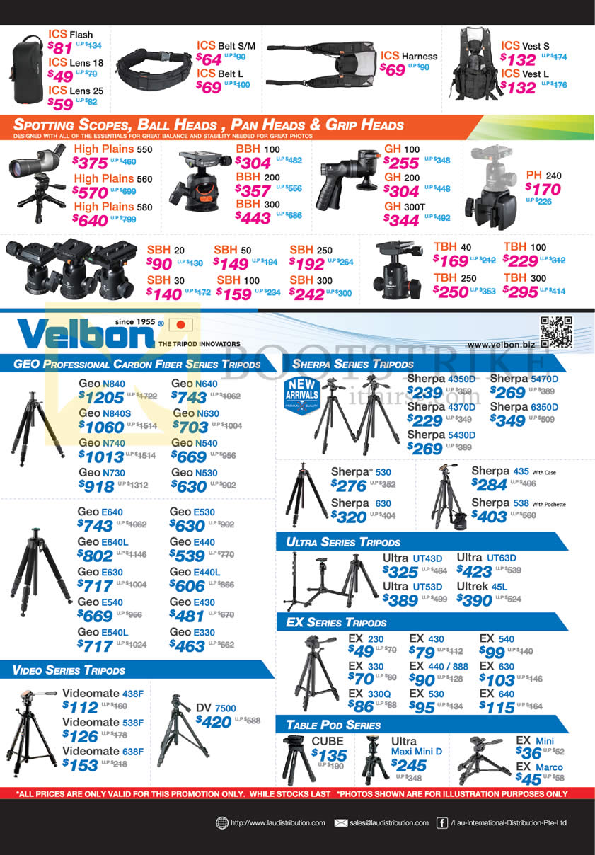 SITEX 2013 price list image brochure of Lau Intl Vanguard Tripods Geo Video Sherpa Ultra EX Table Pod, Spotting Scopes, Ball Heads, ICS