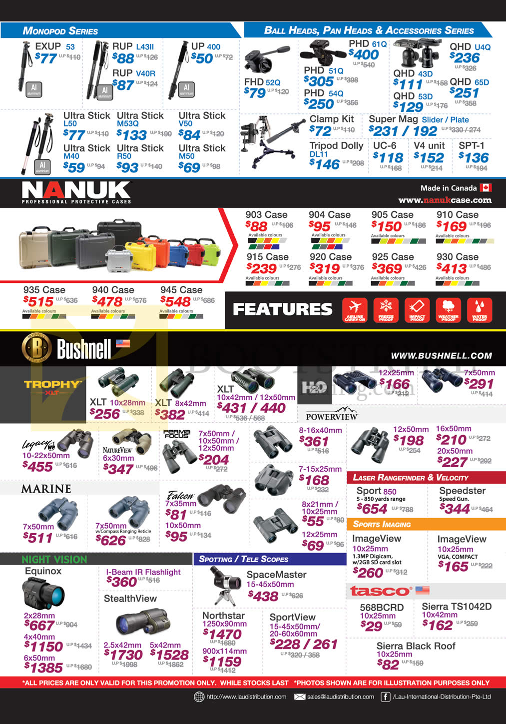 SITEX 2013 price list image brochure of Lau Intl Vanguard Tripods Monopod Series, Ball Heads, Pan Heads, Accessories, Nanuk Cases, Bushnell Binoculars Trophy, Scopes, Equinox, StealthView, Tasco