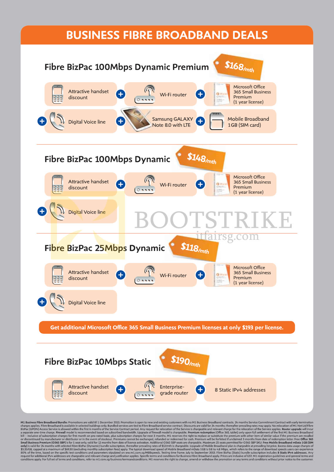 SITEX 2013 price list image brochure of M1 Business Broadband Fibre Bizpac 100Mbps Dynamic, Premium, 25Mbps Dynamic, 10Mbps Static