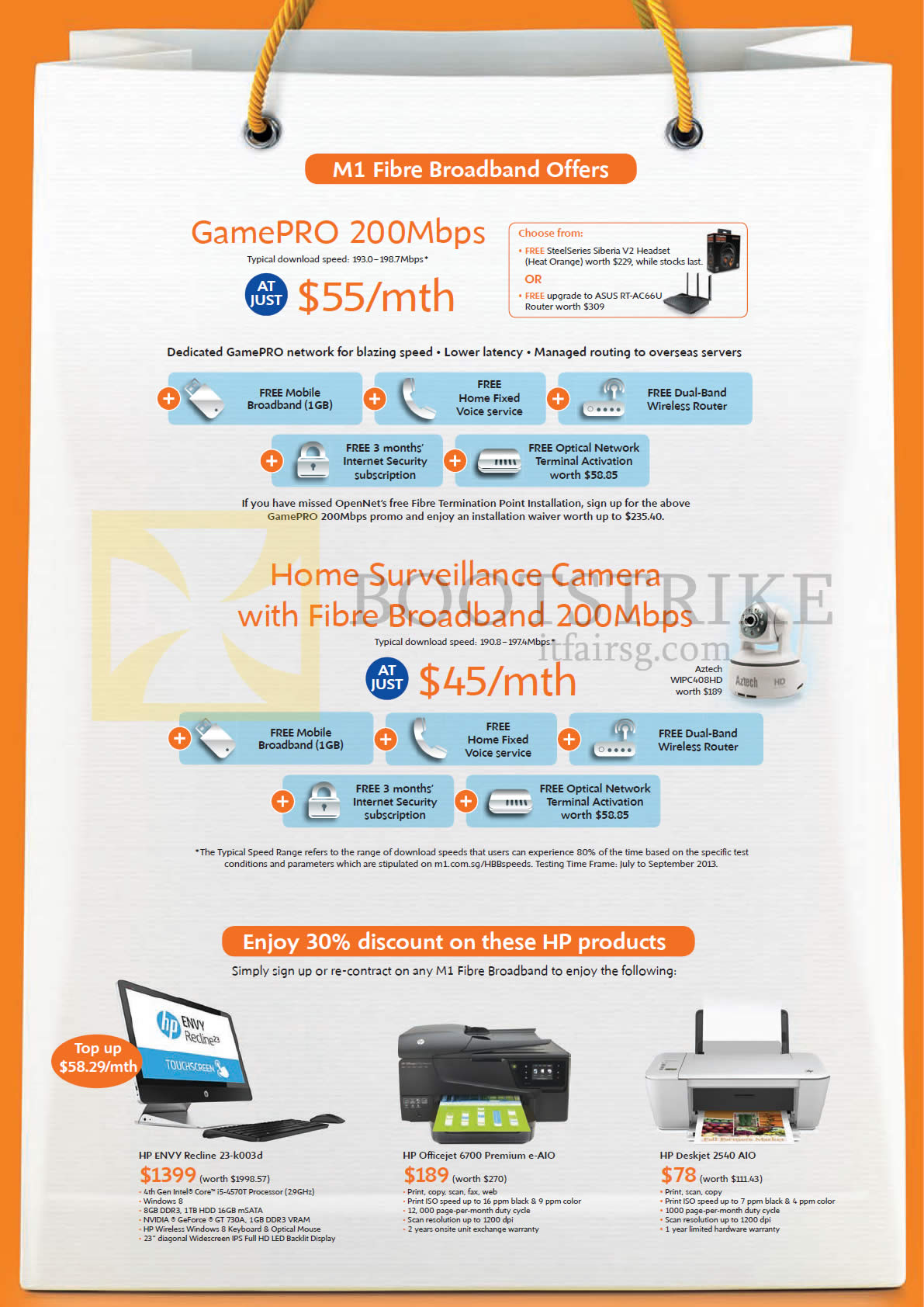 SITEX 2013 price list image brochure of M1 Fibre Broadband Gamepro 200Mbps 55.00, Home Surveillance Camera 200mbps 45.00, HP Envy Recline 23-k003d, Officejet 67900 Premium Printer, Deskjet 2540