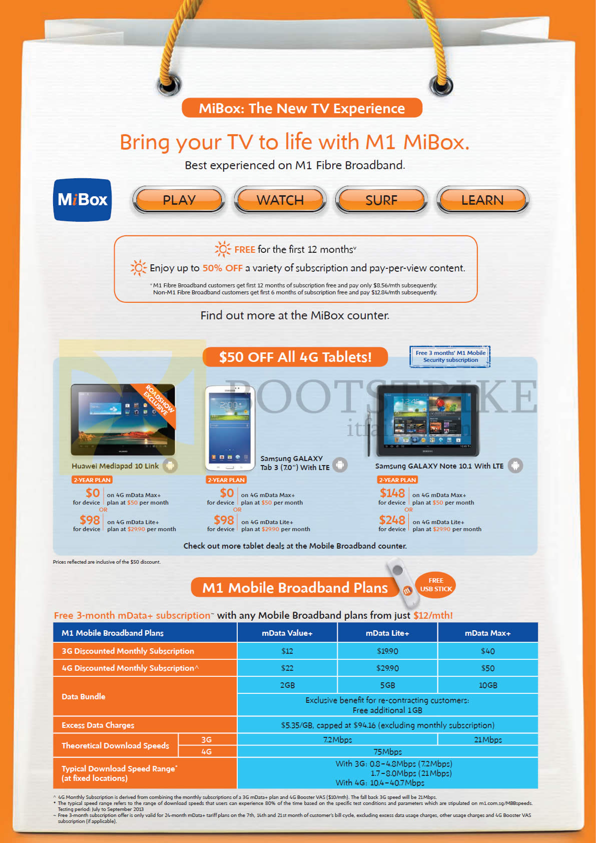 SITEX 2013 price list image brochure of M1 Mobile Broadband Tablets Huawei Mediapad 10 Link, Samsung Galaxy Tab 3 7.0, Note 10.1, Mobile Broadband Plans MData Value Lite Max, MiBox