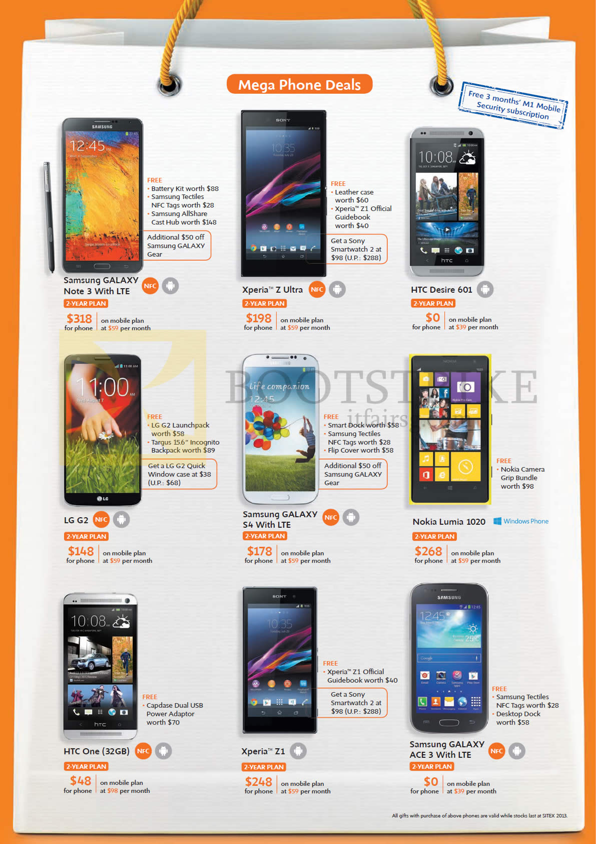 SITEX 2013 price list image brochure of M1 Mobile Samsung Galaxy Note 3, S4, Ace 3, Nokia Lumia 1020, Sony Xperia Z, Z1, LG G2, HTC Desire 601, One