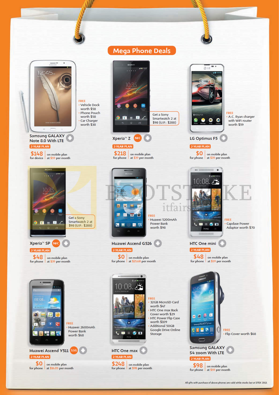 SITEX 2013 price list image brochure of M1 Mobile Samsung Galaxy Note 8.0, S4 Zoom, Sony Xperia Z, SP, LG Optimus F5, Huawei Ascend G526, Y511, HTC One Mini, Max