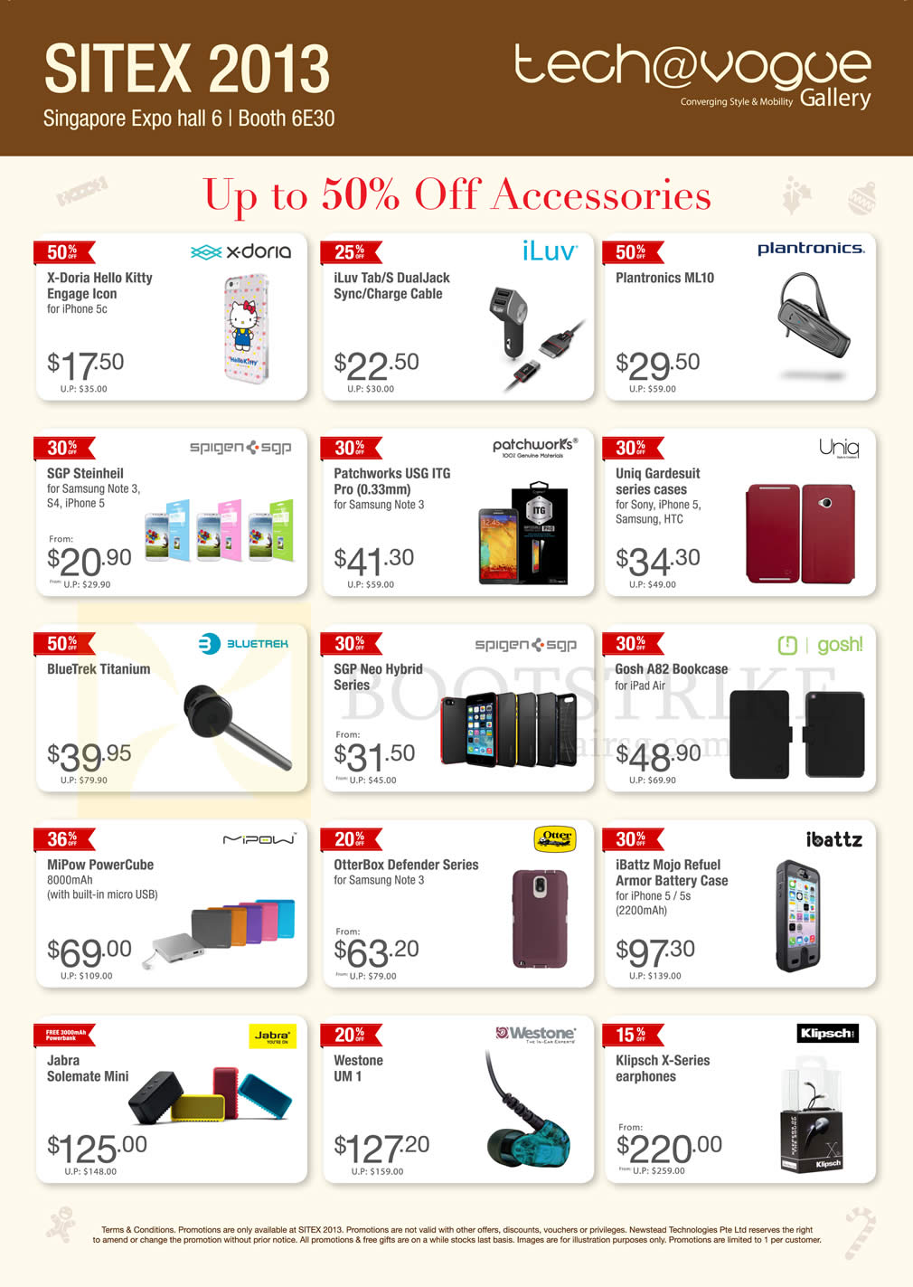 SITEX 2013 price list image brochure of Newstead Tech Vogue Accessories IPhone Case, Cables, BlueTrek Titanium, IPad Air Case, Power Bank MiPow IBattz, Jabra, Klipsch