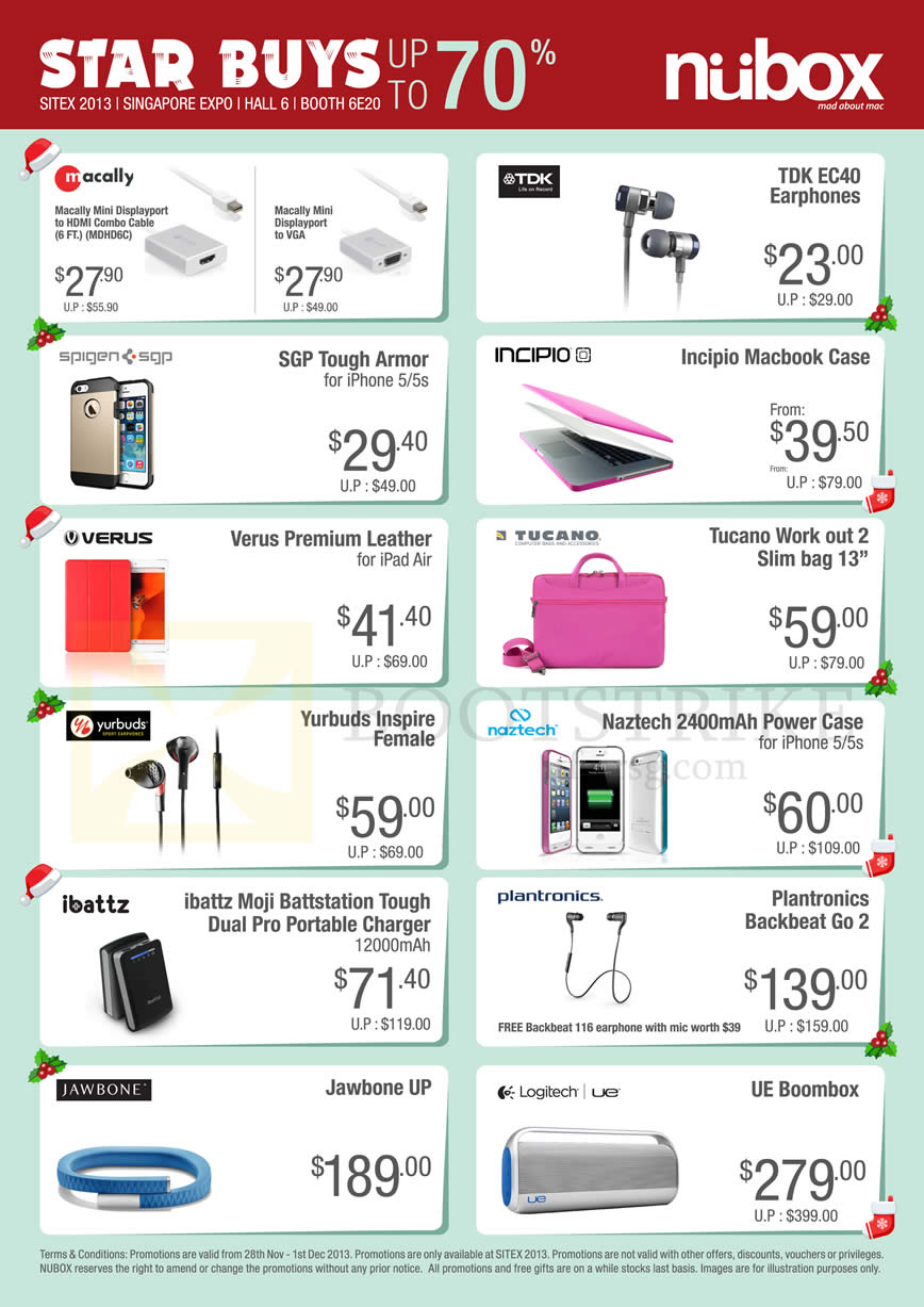 SITEX 2013 price list image brochure of Nubox Accessories TDK EC40 Earphones, Incipio Macbok Case, Macally Cable, IPhone Case Armor, Charger Power Bank, Jawbone