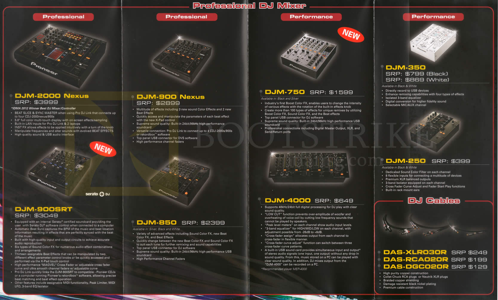 SITEX 2013 price list image brochure of Pioneer DJ Mixers DJM-2000, 900SRT, 900, 850, 750, 4000, 350, 250, Cables DAS-XLR030R, RCA020R, DGC020R