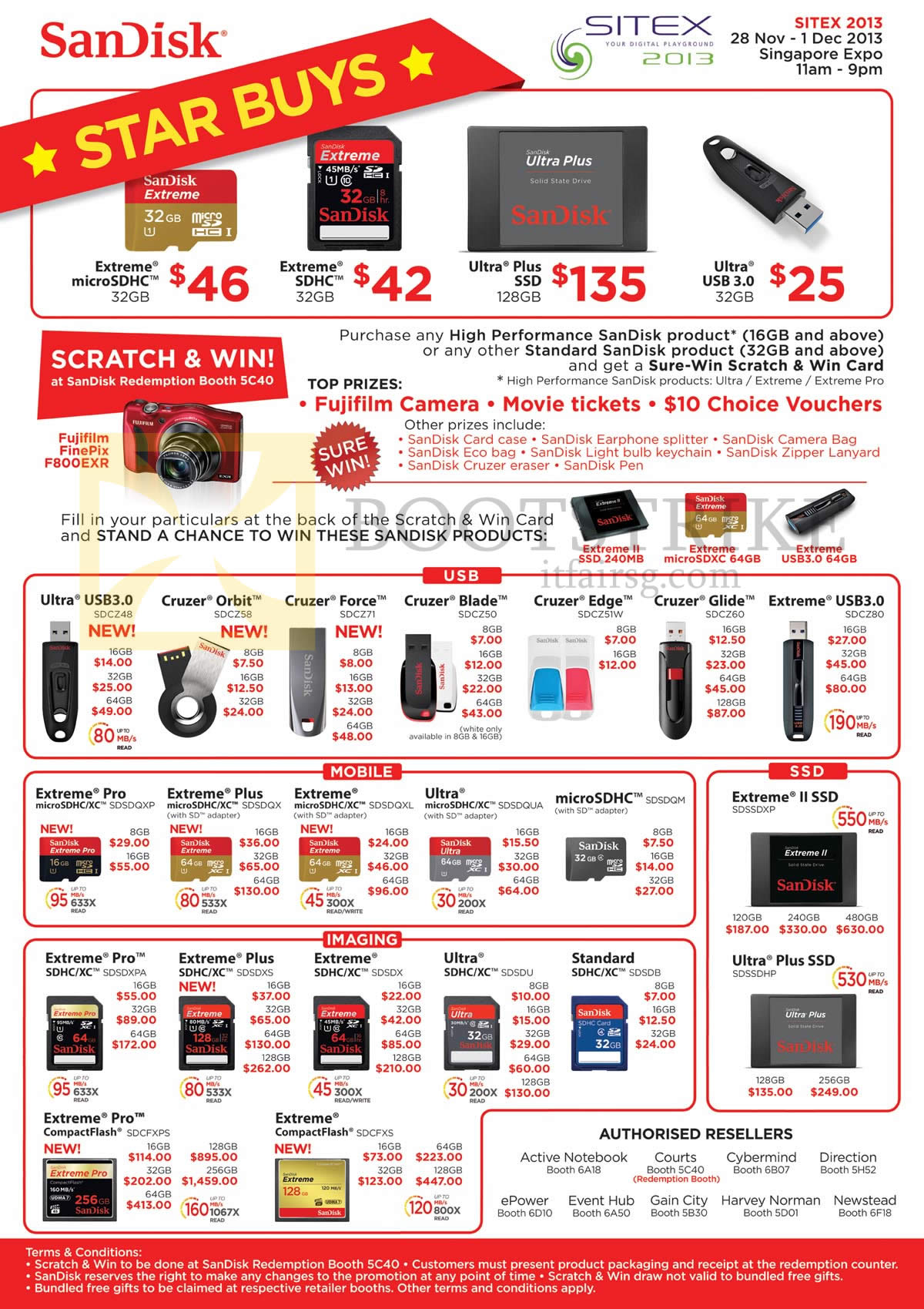 SITEX 2013 price list image brochure of Sandisk USB Flash Drives, Memory Cards MicroSDHC, Extreme SDHC, Ultra Plus SSD, Cruzer Orbit Force Blade Edge Glide, Extreme Pro Plus II, CompactFlash CF, MicroSDXC