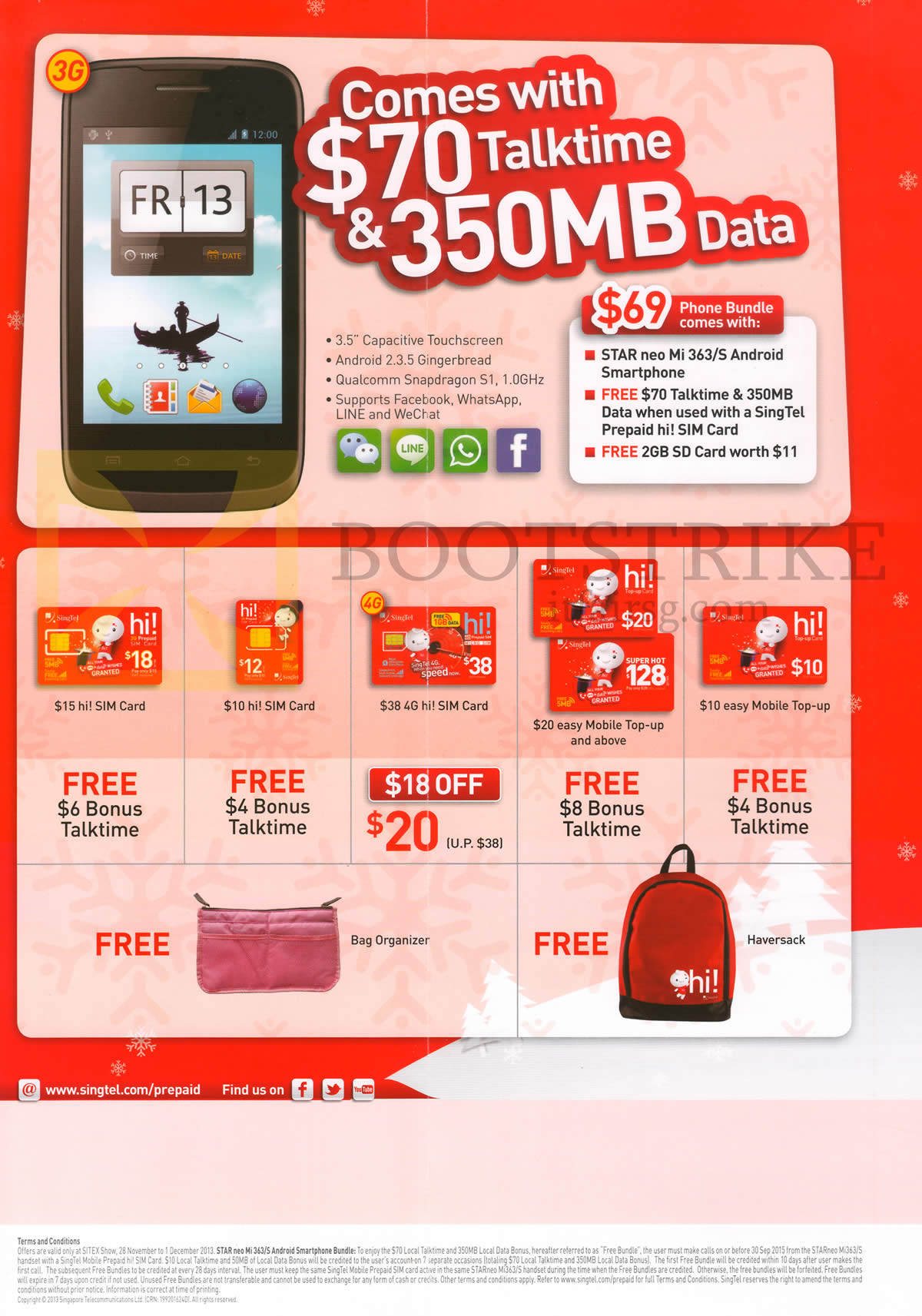 SITEX 2013 price list image brochure of Singtel Mobile Prepaid Hi Card, Star Neo Mi 363 Android, Sim Card Free Gifts, Free Talktime