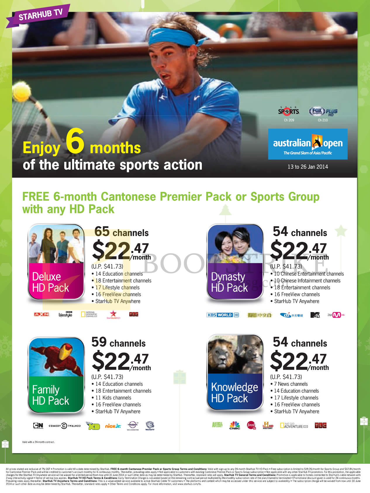 SITEX 2013 price list image brochure of Starhub Cable TV Free 6 Month Cantonese Premier Pack Or Sports Group, Deluxe HD Pack, Dynasty HD Pack, Family HD Pack, Knowledge HD Pack