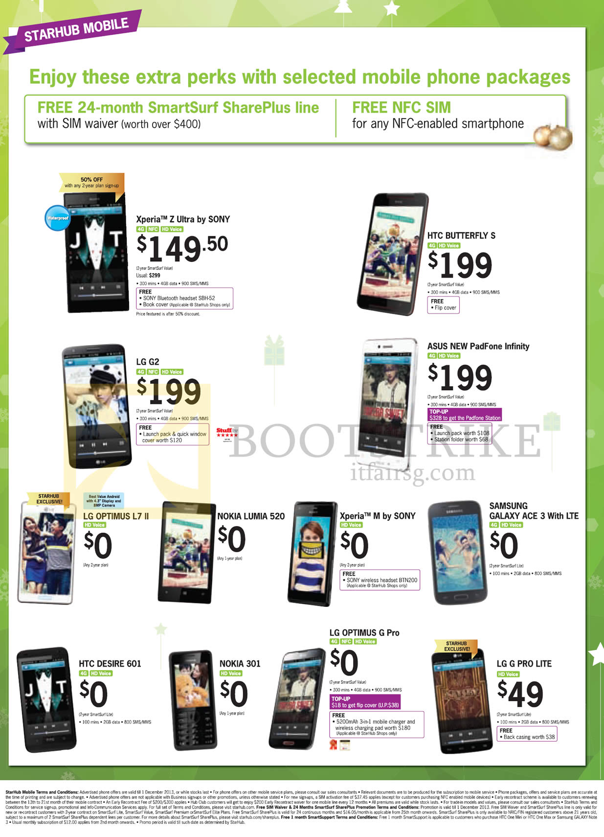 SITEX 2013 price list image brochure of Starhub Mobile Sony Xperia Z Ultra, M, HTC Butterfly S, Desire 602, LG G2, Optimus L7 II, G Pro, ASUS Padfone Infinity, Nokia Lumia 520, 301, Samsung Galaxy Ace 3