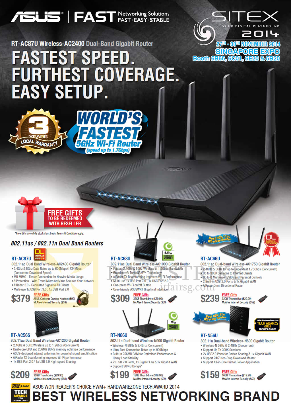 SITEX 2014 price list image brochure of ASUS Networking Routers Dual Band RT-AC87U, AC68U, AC66U, AC56D, N66U, N56U