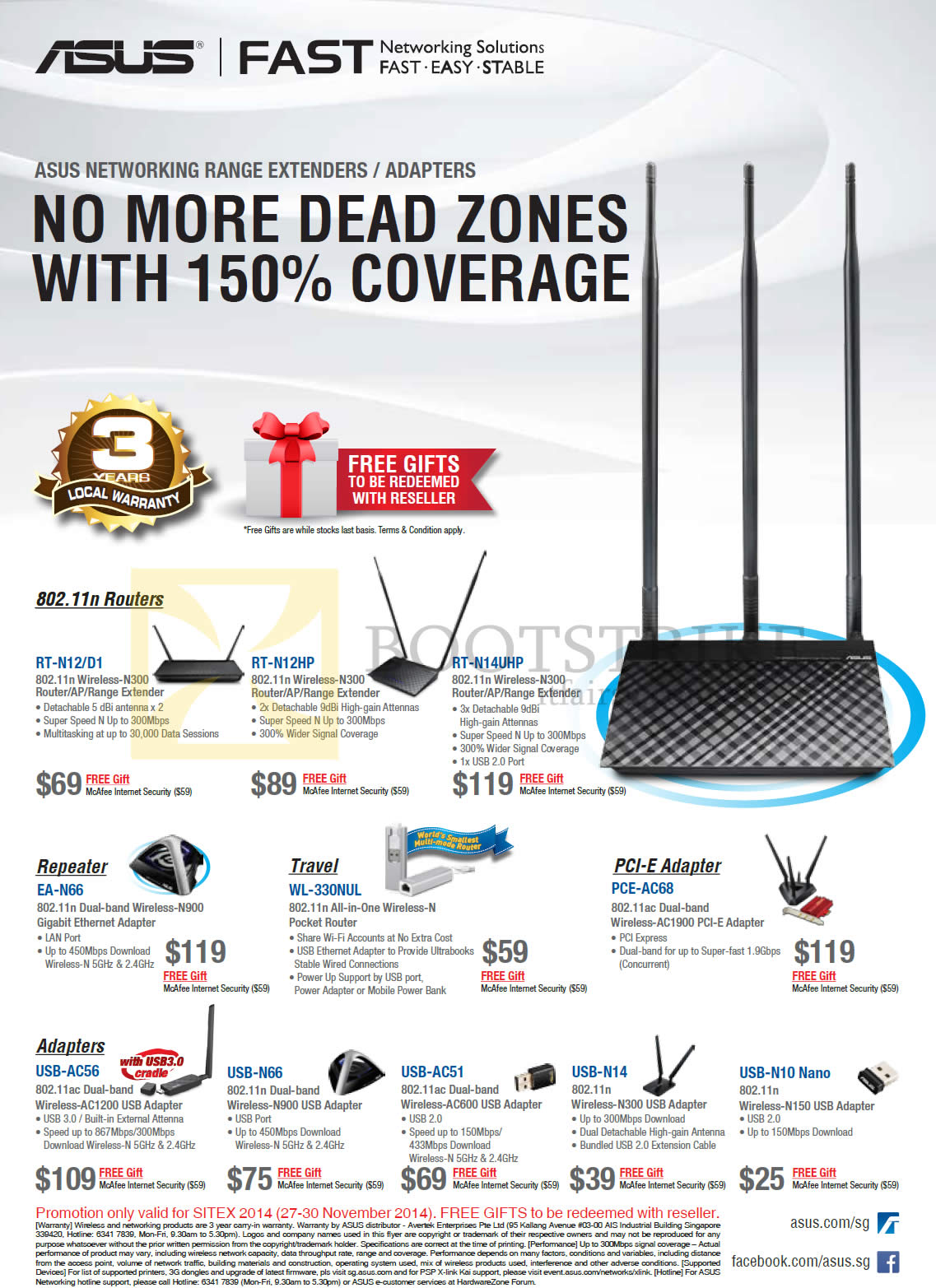 SITEX 2014 price list image brochure of ASUS Networking Routers, Repeaters, Adapters, RT-N12D1, N12HP, N14UHP, EA-N66, WL-330NUL, PCE-AC68, USB-AC56, USB-N66, USB-AC51, USB-N14, USB-N10 Nano