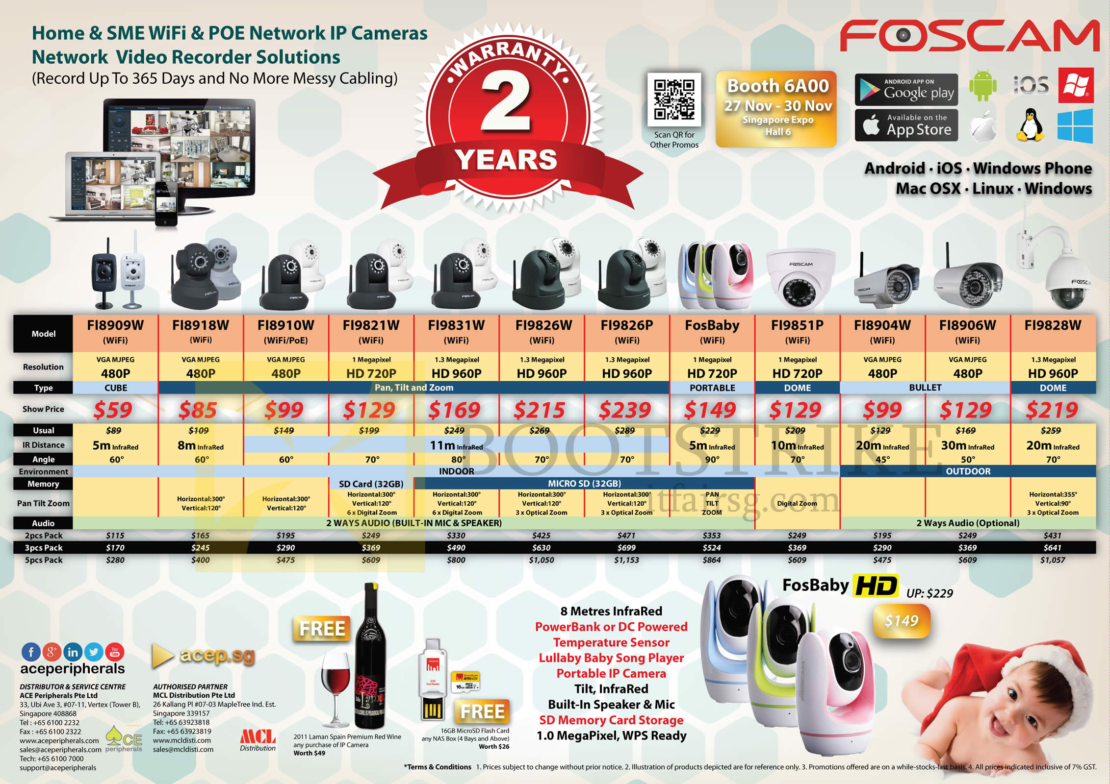 SITEX 2014 price list image brochure of Ace Peripherals ACTi Foscam Stand Alone Network IP POE WiFi Camera FI8909W, FI8918W, FI8910W, FI9821W, FI9831W, FI 9826W, FosBaby, FI9851P, FI8904W, FI8906W