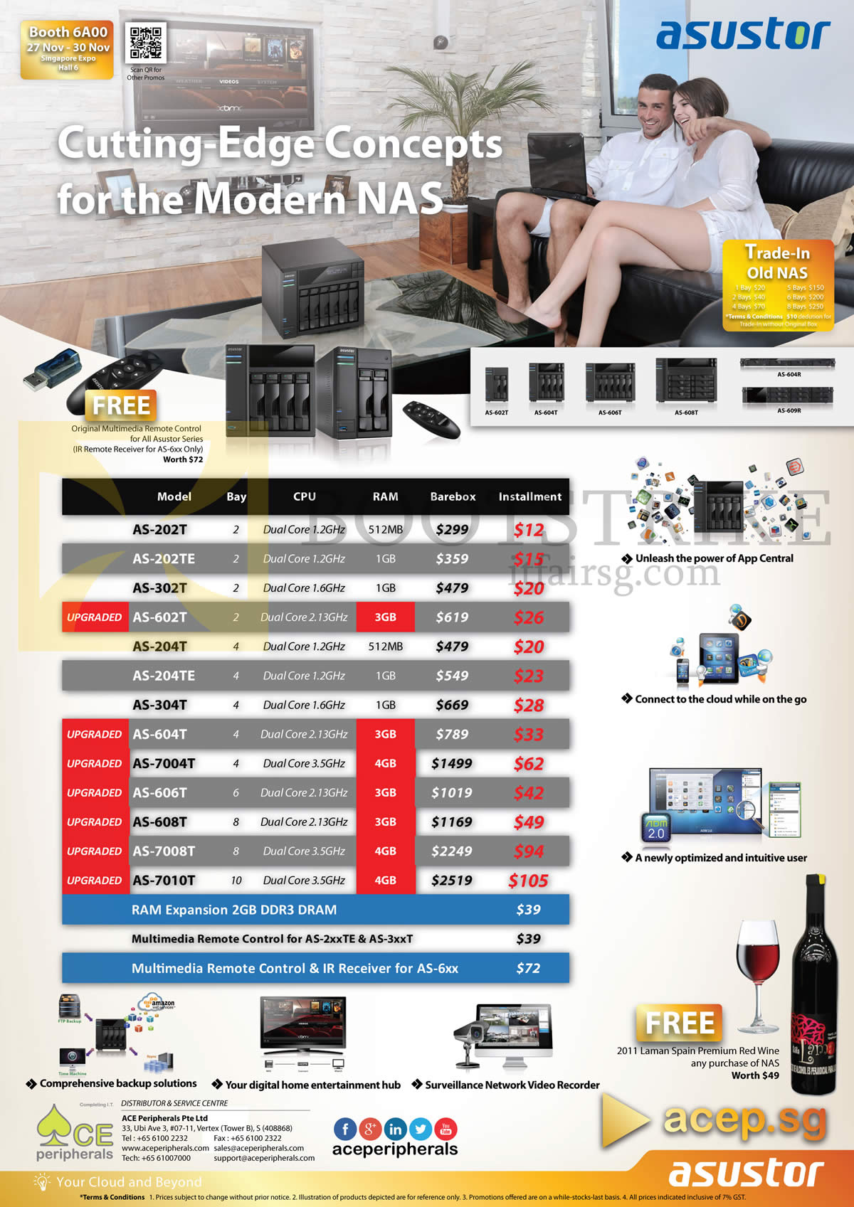 SITEX 2014 price list image brochure of Ace Peripherals Asustor AS N202T, 202TE, 204T, 204TE, 302T, 304T, 602T, 604T, 606T, 608T, 7004T, 7008T, 7010T