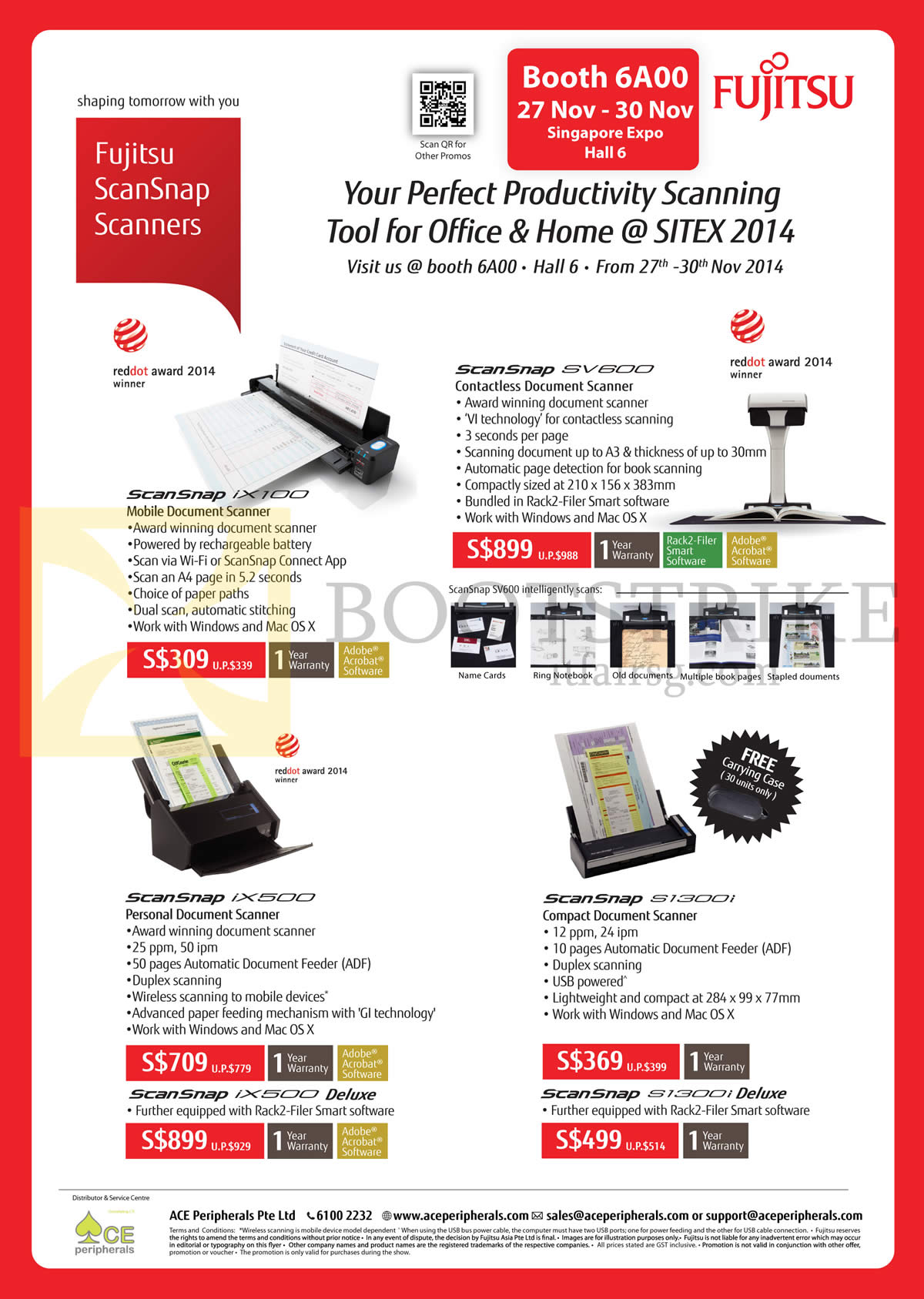 SITEX 2014 price list image brochure of Ace Peripherals Fujitsu Scanners ScanSnap IX100, SV600, IX500, S1300i