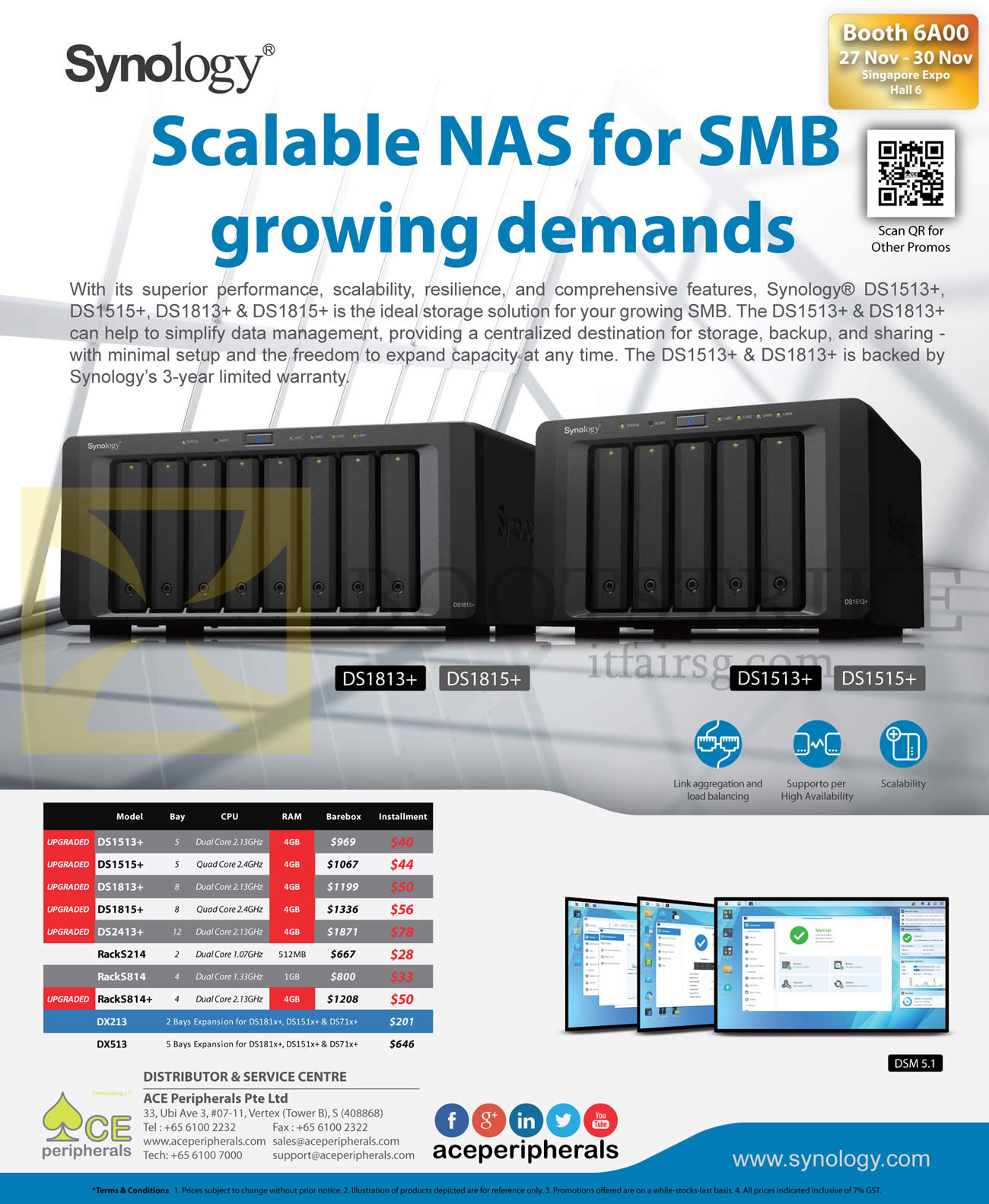 SITEX 2014 price list image brochure of Ace Peripherals Synology DiskStation DS1513, DS1813, DS2413, RS214, RS814, DX213, DX513, DS1515, DS1815 Plus