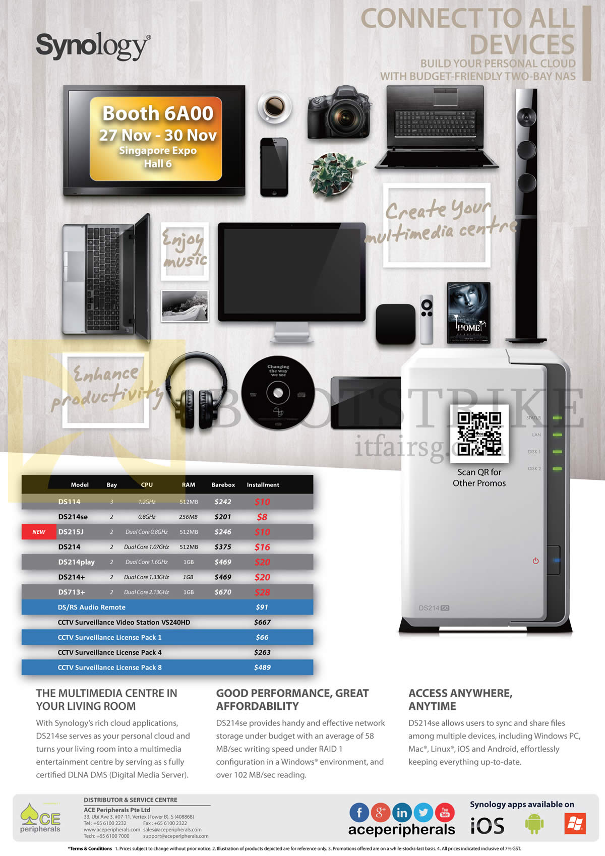 SITEX 2014 price list image brochure of Ace Peripherals Synology NAS DiskStation DS115, DS214se, DS215J, DS214Plus, DS214, DS214play, DS713 Plus, CCTV Surveillance