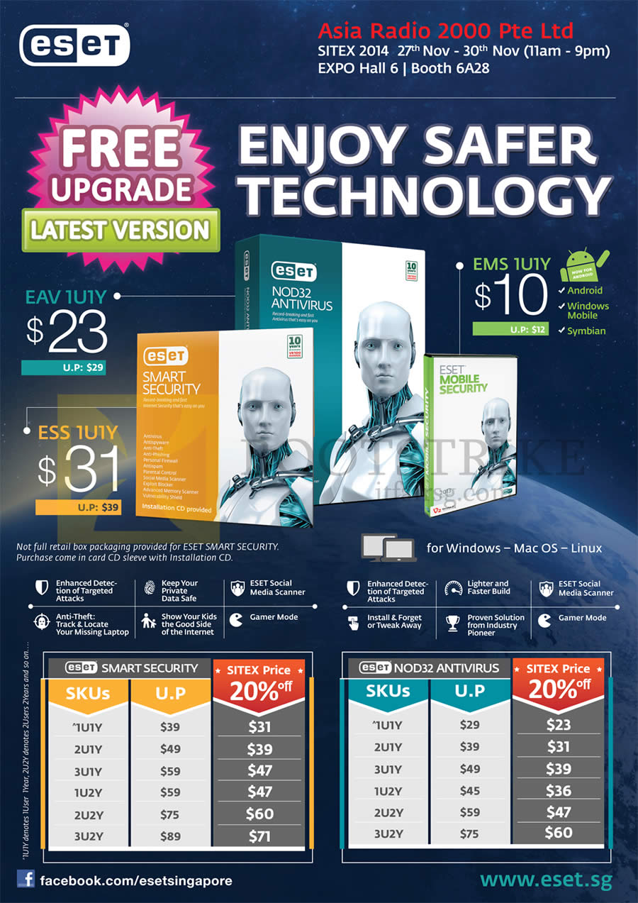 SITEX 2014 price list image brochure of Asia Radio ESET Smart Security, Nod32 Antivirus, EAV 1U1Y, ESS 1U1Y, EMS 1U1Y, SKUs 1U1Y, 2U1Y, 3U1Y, 1U2Y, 2U2Y, 3U2Y