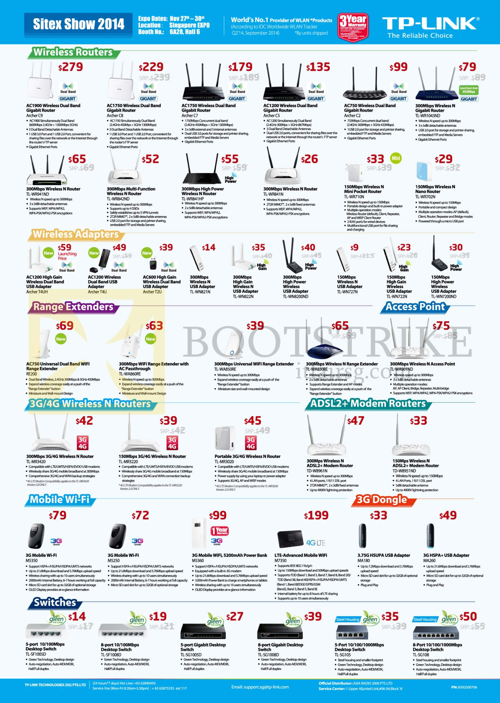 SITEX 2014 price list image brochure of Asia Radio TP-Link Networking Wireless Routers, Adapters USB, Range Extenders, Access Points, 3G 4G ADSL2 Modems, Mobile Wifi, 3G Dongle, Switches