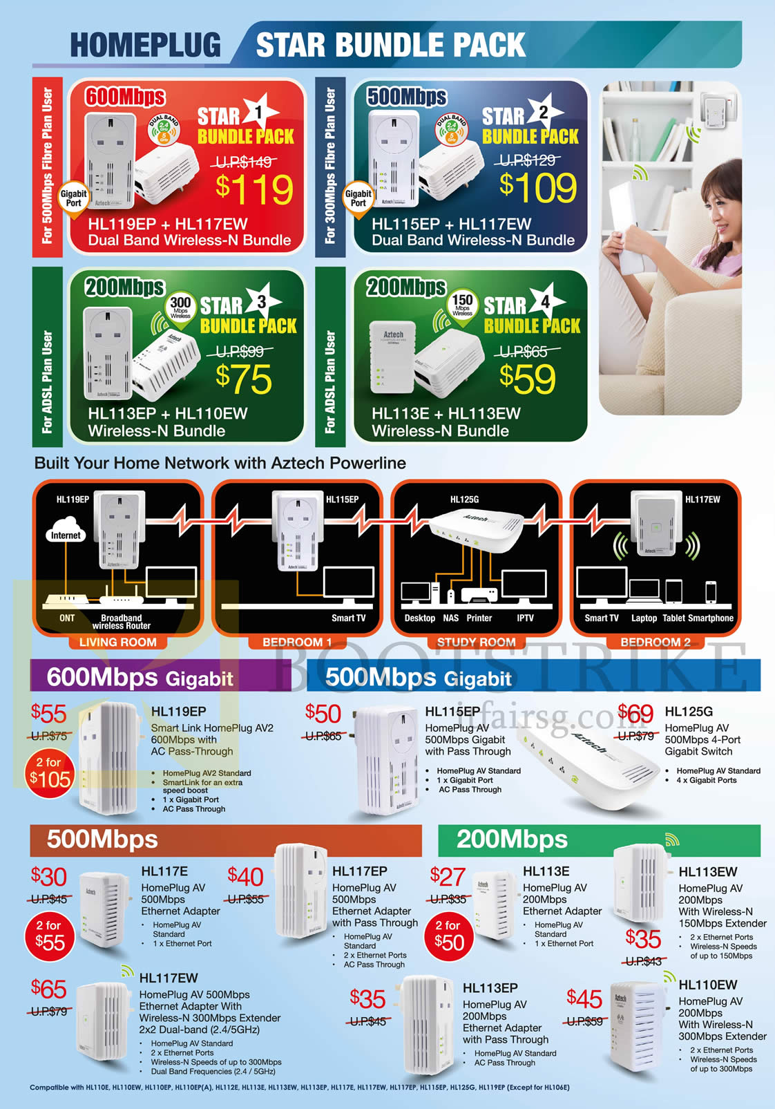 SITEX 2014 price list image brochure of Aztech Networking HomePlus Star Bundle Packs, Aztech Powerline Plan, 600Mbps Gigabit, 500Mbps Gigabit, 500Mbps, 200Mbps