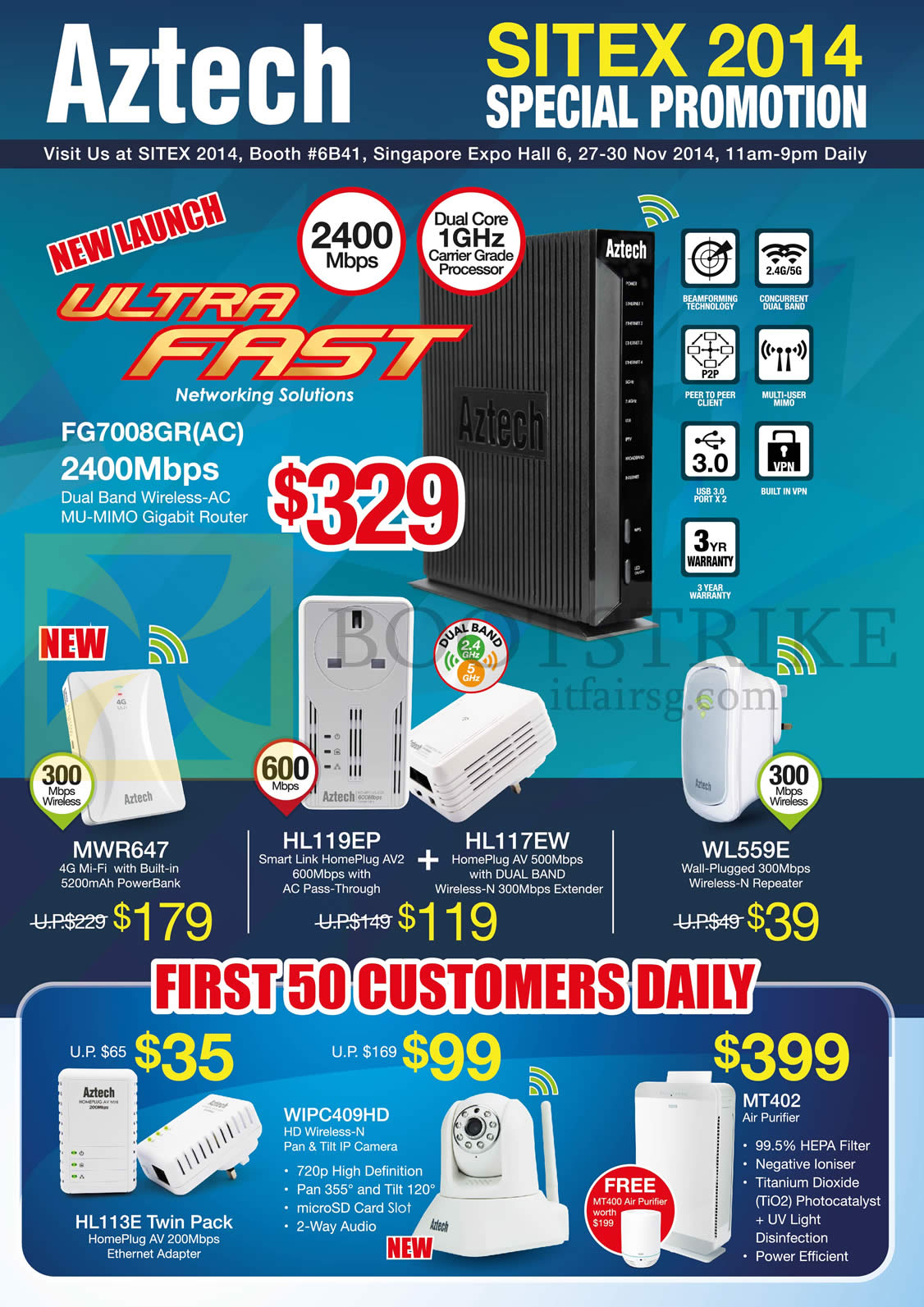 SITEX 2014 price list image brochure of Aztech Networking Solutions, PowerBank, HomePlug FG7008GR, MWR647, WL559E, HL113E, MT402