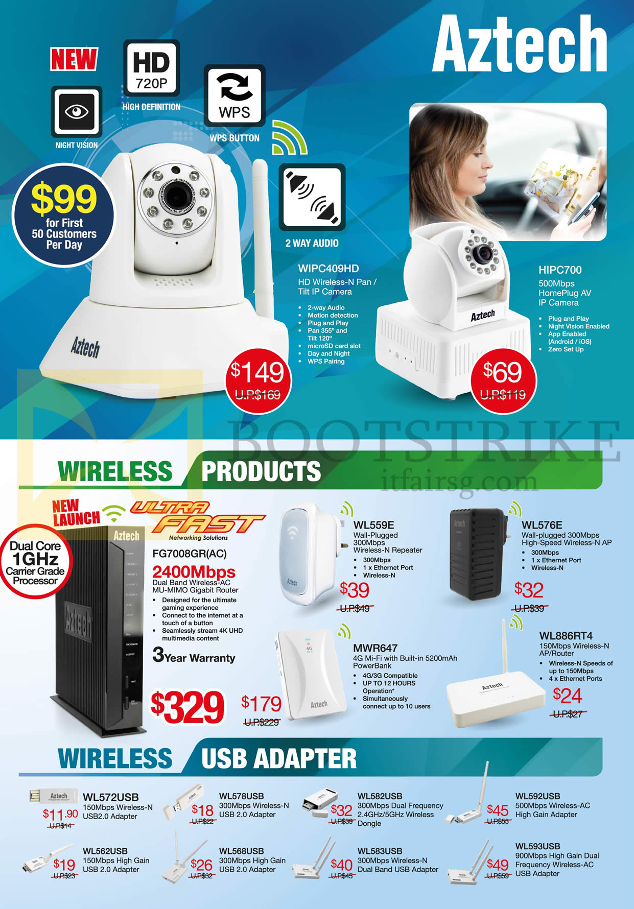 SITEX 2014 price list image brochure of Aztech Networking Wireless USB Adapter, IPCam IP Cameras, WIPC409HD, HIPC700, FG7008GR, WL559E, WL576E, MWR647, WL886RT4, WL572USB, 562USB, 578USB