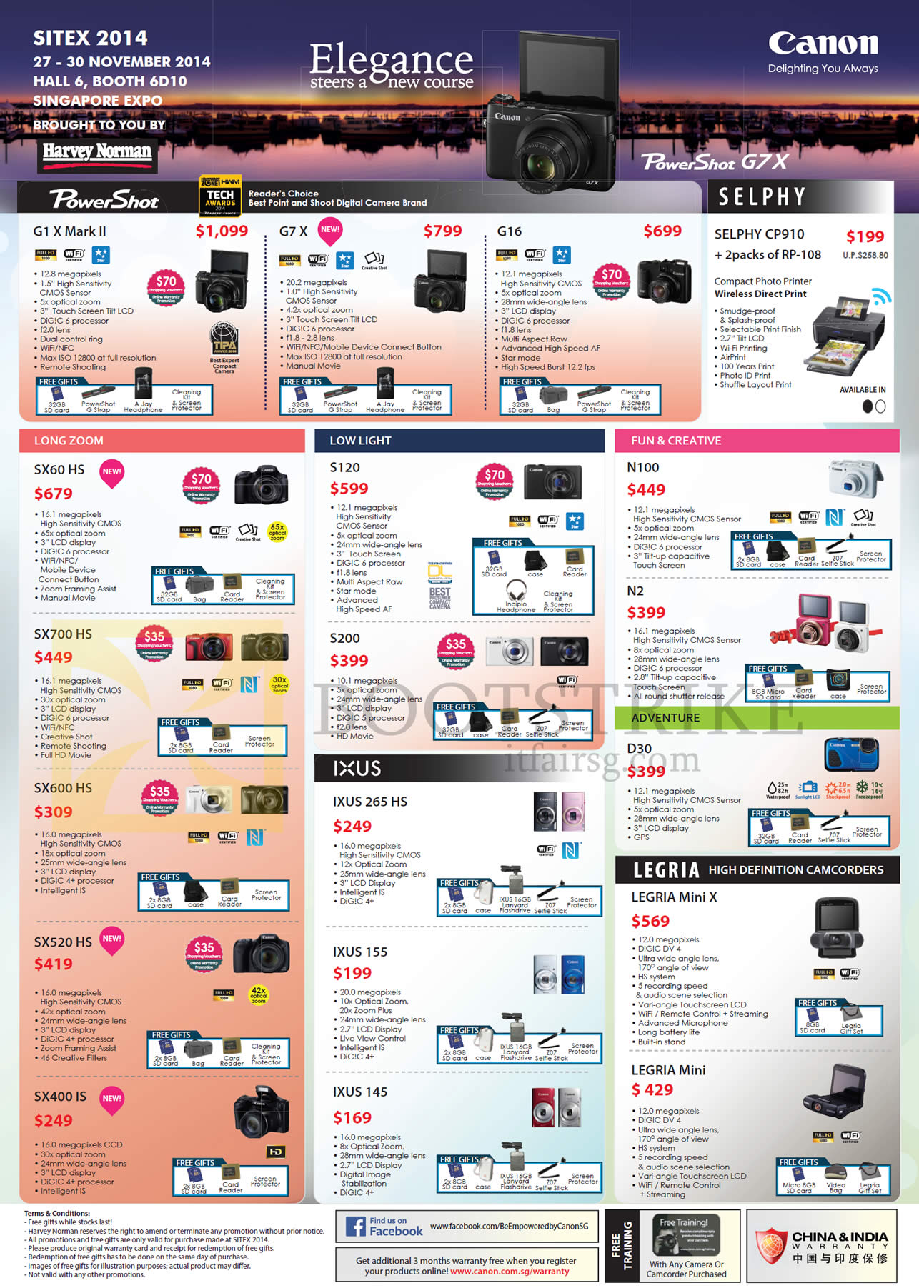 SITEX 2014 price list image brochure of Canon Digital Cameras G1X Mark II, G7X, G16, Selphy CP910, SX60HS, SX700HS, SX600HS, SX520HS, S200, Ixus 265HS, D30, N2, N100