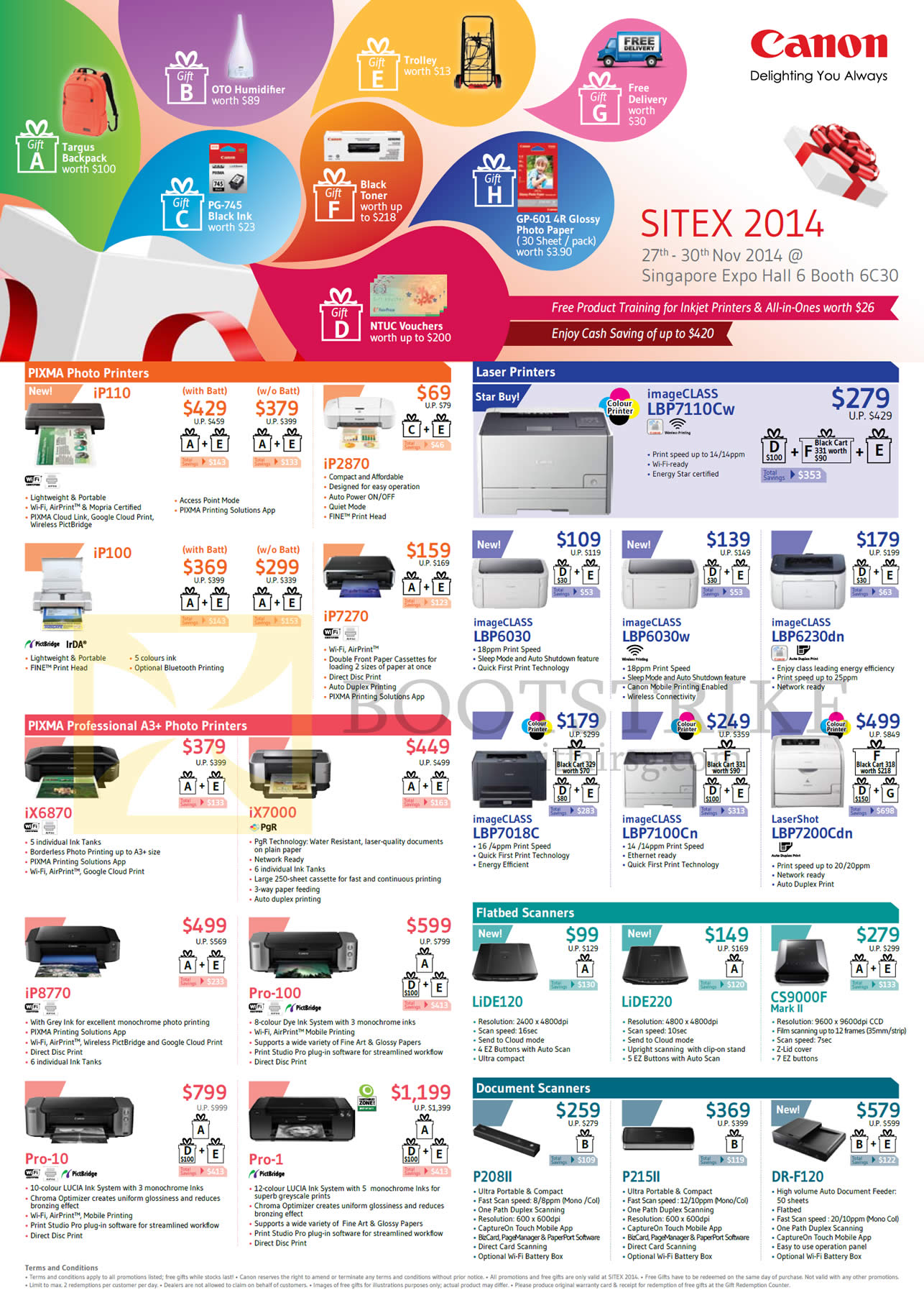 SITEX 2014 price list image brochure of Canon Printers Pixma Photo, Scanners, IP110, IP100, IP7270, IX6870, IX7000, Pro-100, Pro-1, Pro-10, ImageClass LBP6030, 6030W, 6230dn, Lide120, 220, CS9000F Mark II, P208II, P215II