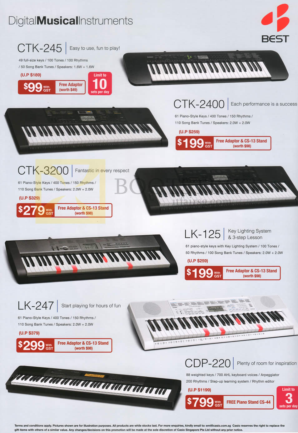 SITEX 2014 price list image brochure of Casio Music Best Denki Keyboards Pianos CTK-245, CTK-2400, CTK-3200, LK-125, LK-247, CDP-220