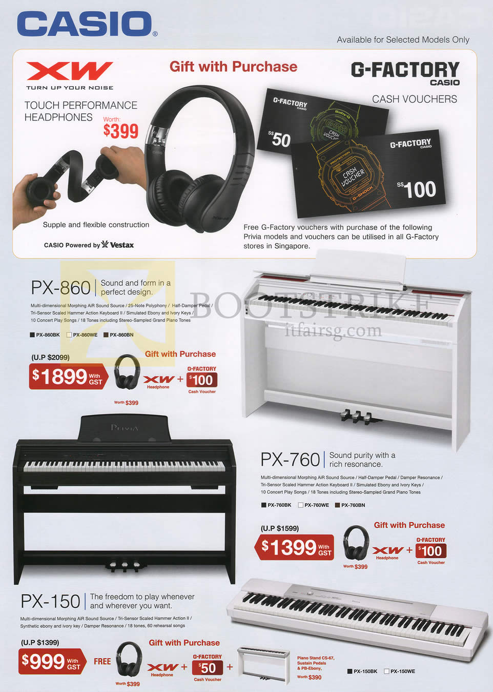 SITEX 2014 price list image brochure of Casio Music Headphones, Pianos, Touch Performance, PX-860, PX-760, PX-150