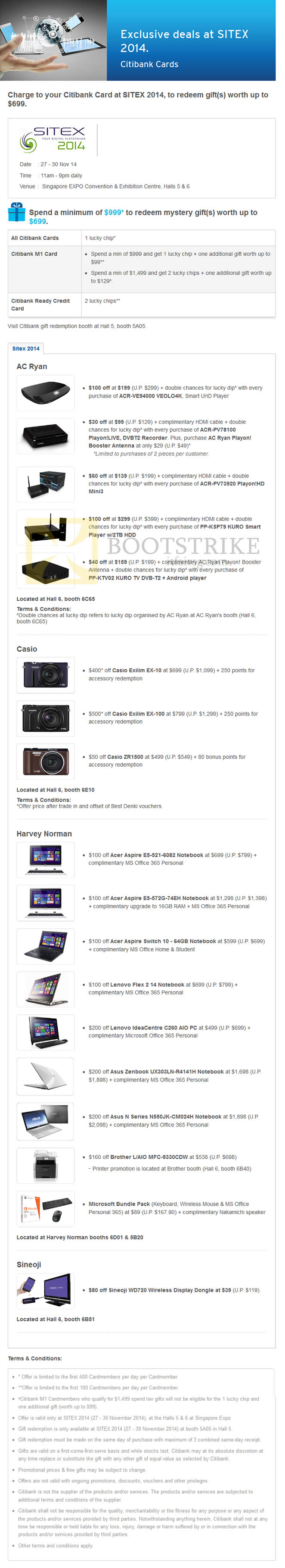 SITEX 2014 price list image brochure of Citibank Cards Spend N Redeem Mystery Gifts, AC Ryan, Casio, Harvey Norman, Sineoji